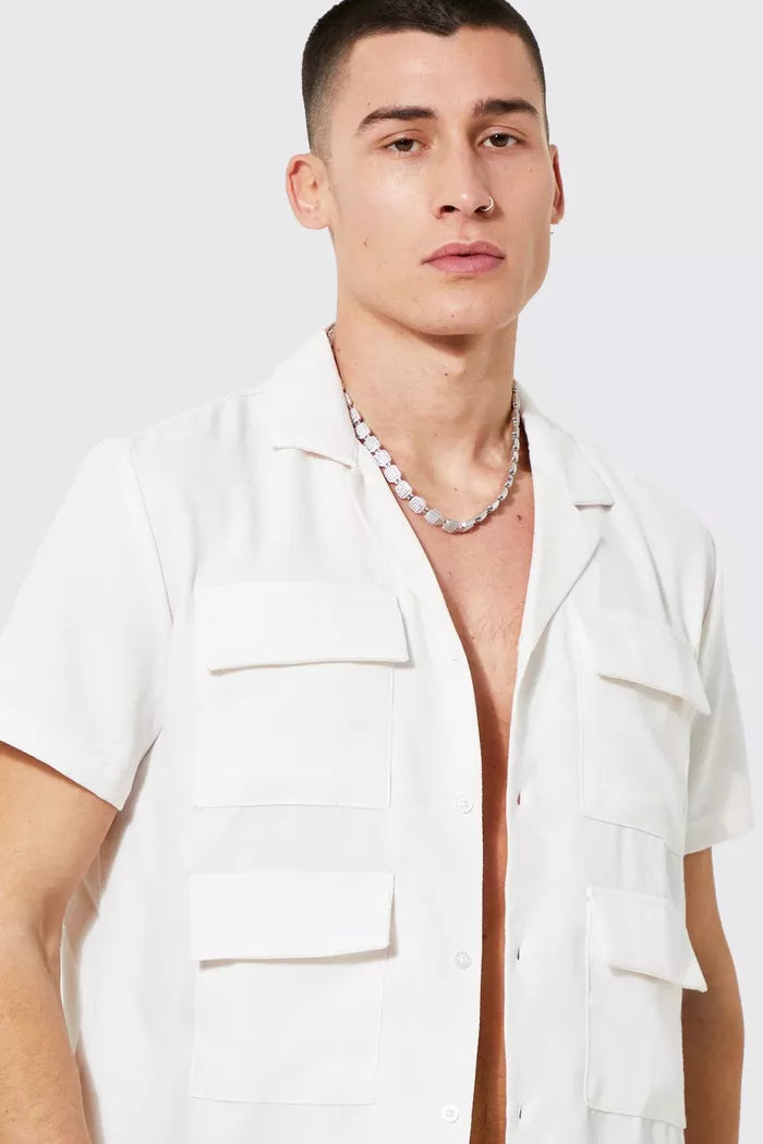 Boohoo short sleeve revere linen shirt white