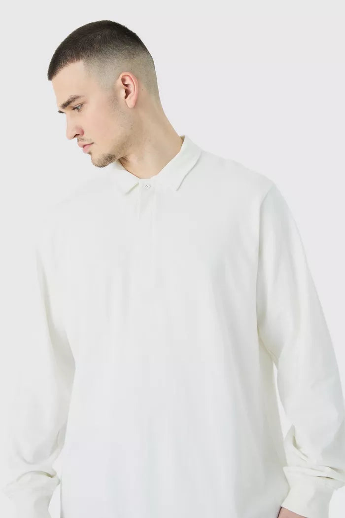 Boohoo core heavy carded button up rugby polo in ecru