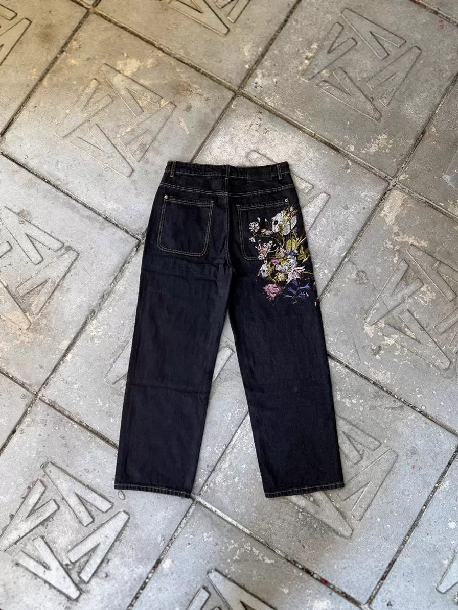Floral embroidered denim jean pants