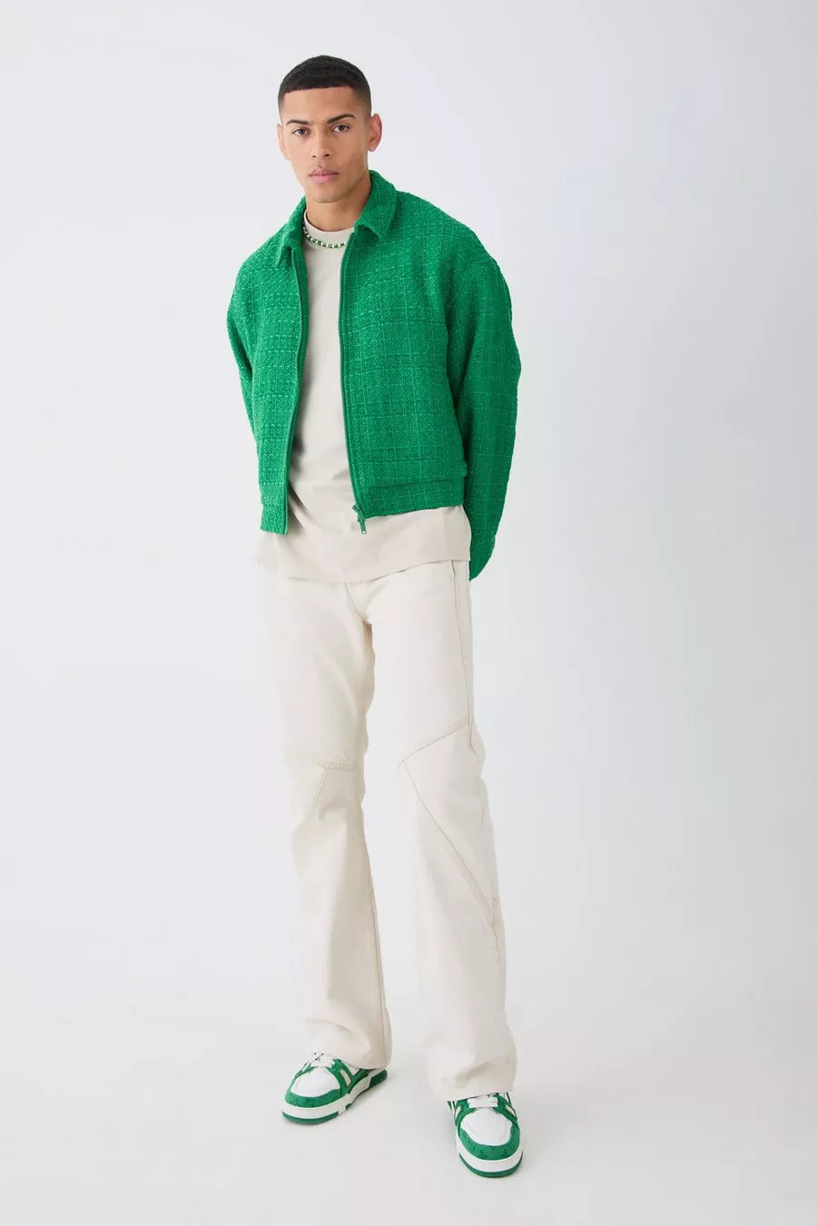 Boohoo plus oversized boxy boucle zip through jacket green