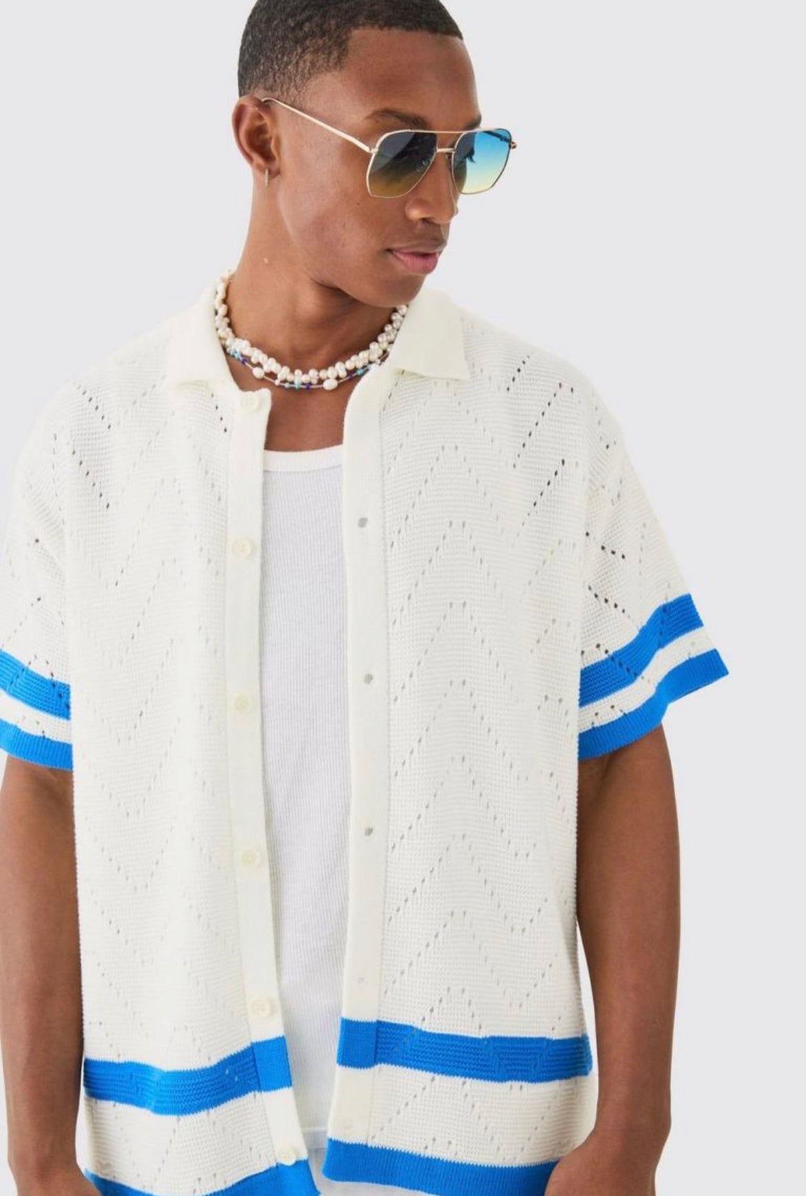 Boohoo oversized boxy open knit stripe shirt in blue