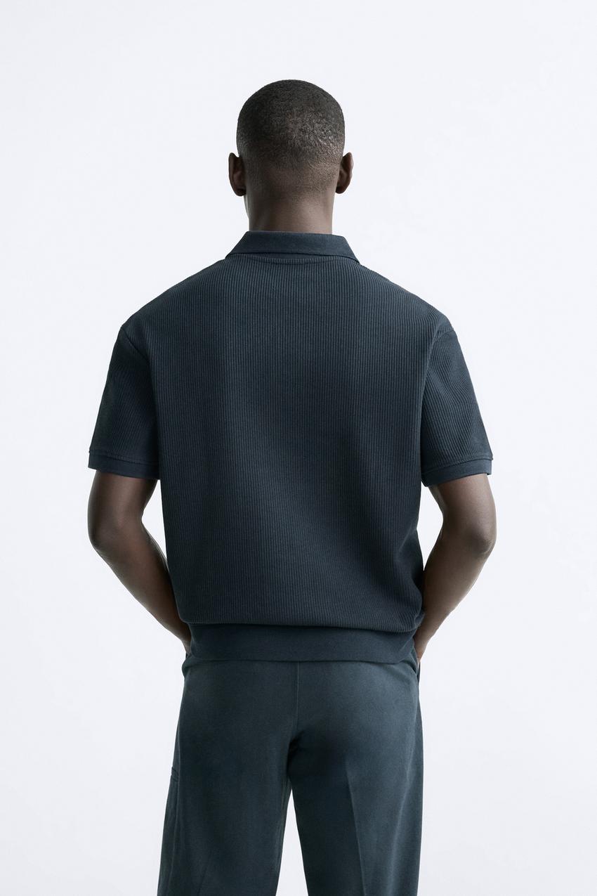 Zara Open neck textured ribbed polo shirt