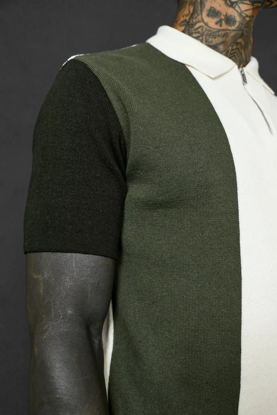 Boohoo short sleeve half zip color block knit polo in khaki