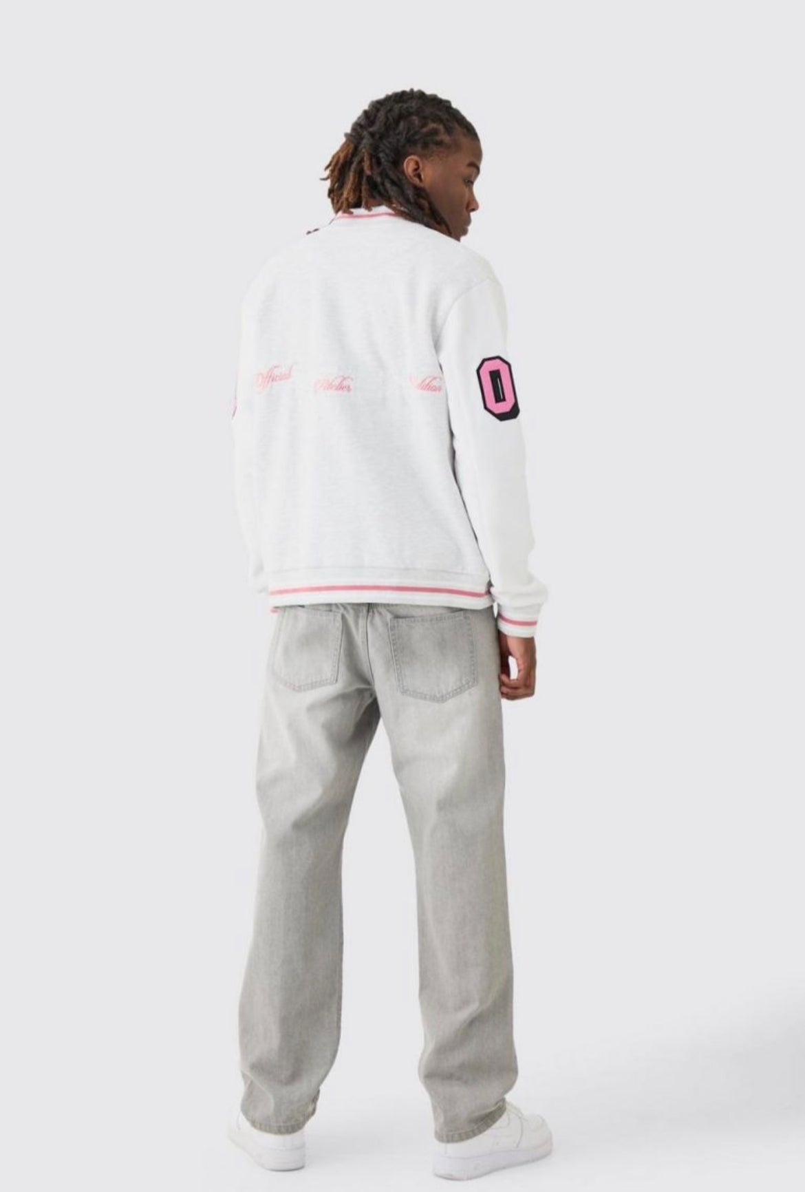 Boohoo college varsity applique badge jersey bomber oatmeal