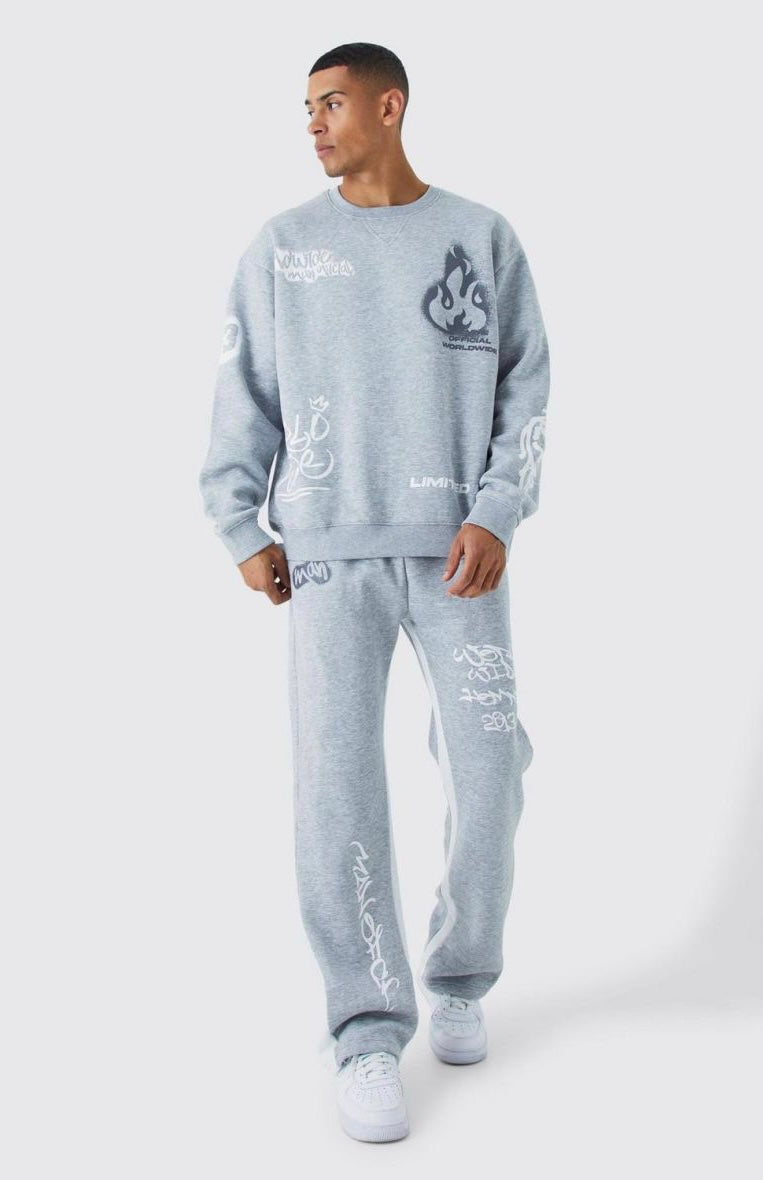 Boohoo oversized graffiti contrast gusset tracksuit grey
