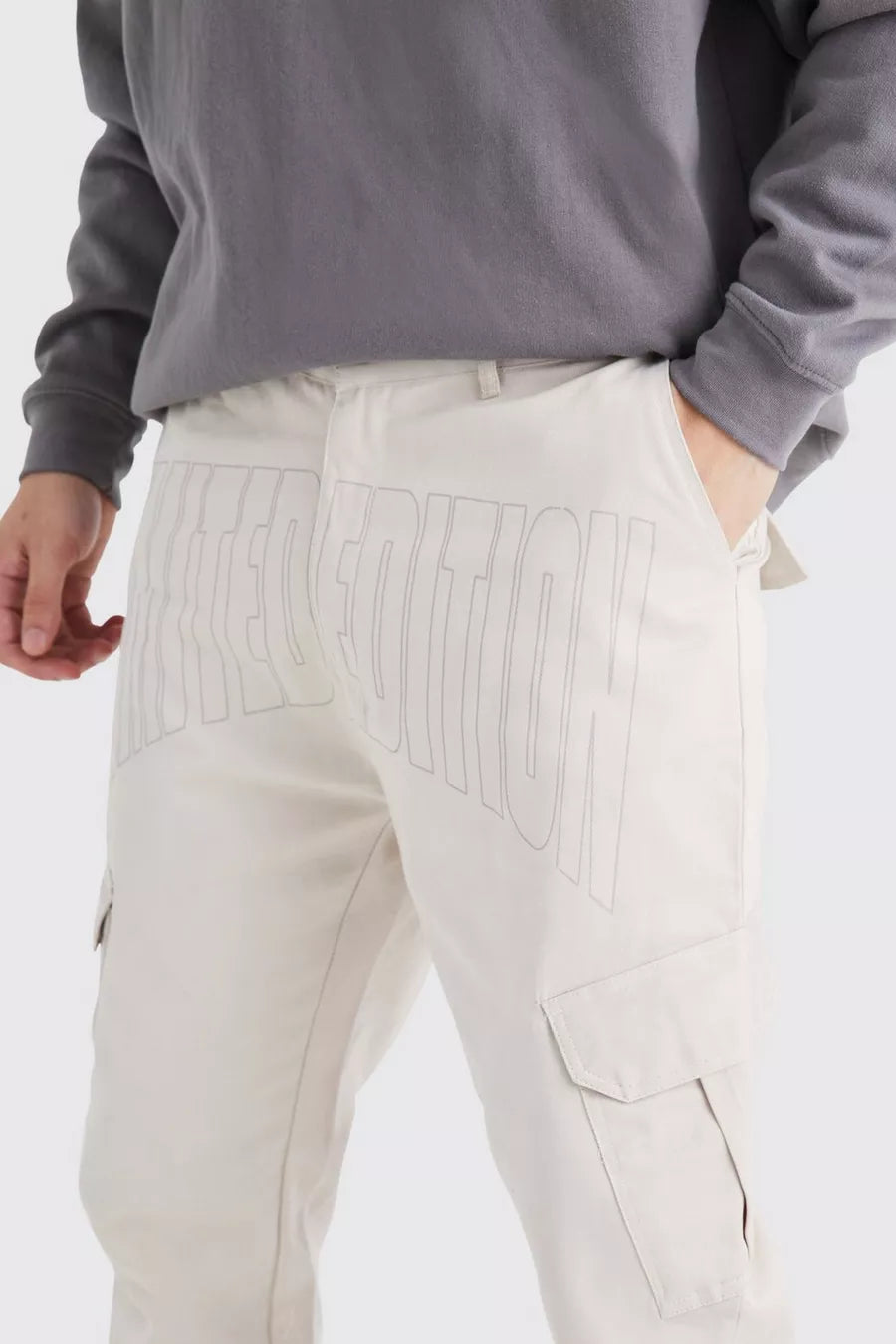 Boohoo plus slim cargo tonal print trouser pant stone