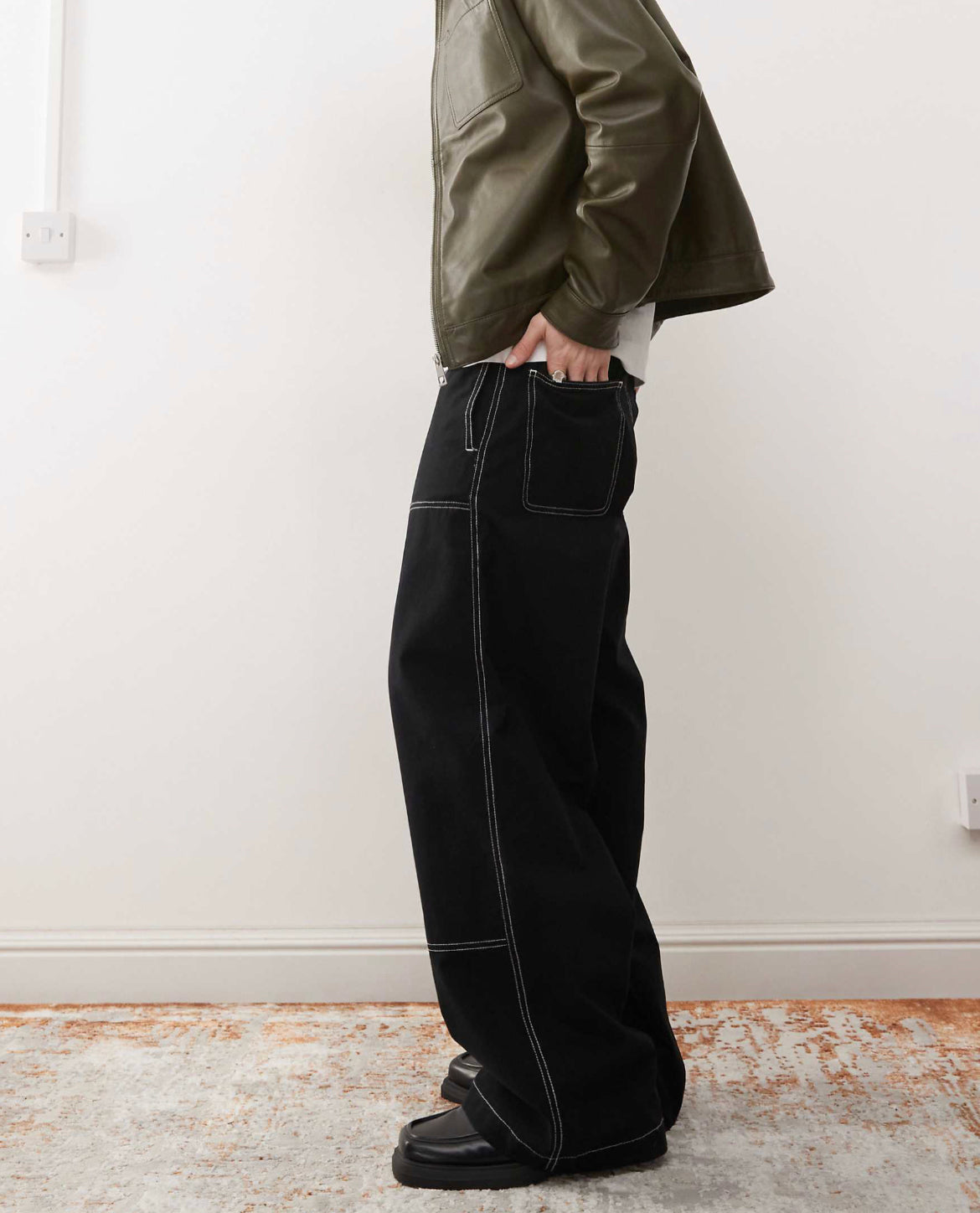 ASOS DESIGN super baggy chino trouser with carpenter detail in black with contrast stitch