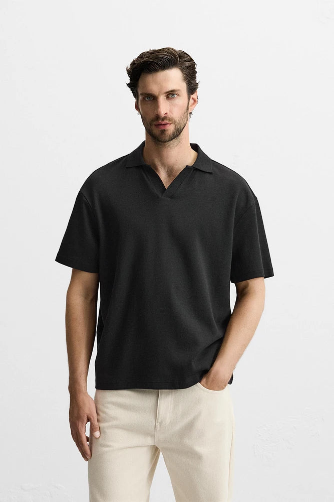 ZARA OPEN NECK GEOMETRIC JACQUARD POLO SHIRT