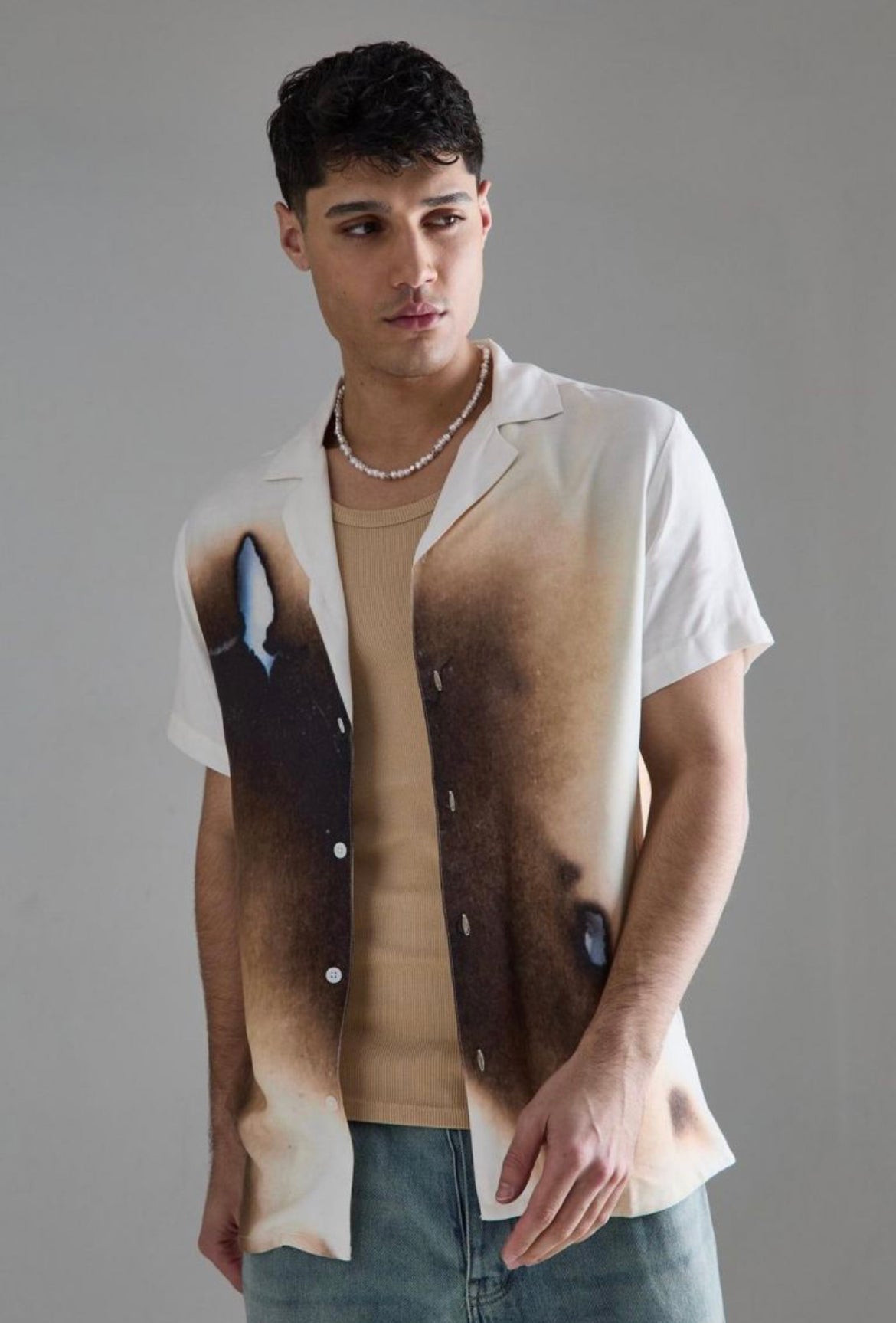 Boohoo short sleeve viscose burnt ombre shirt white