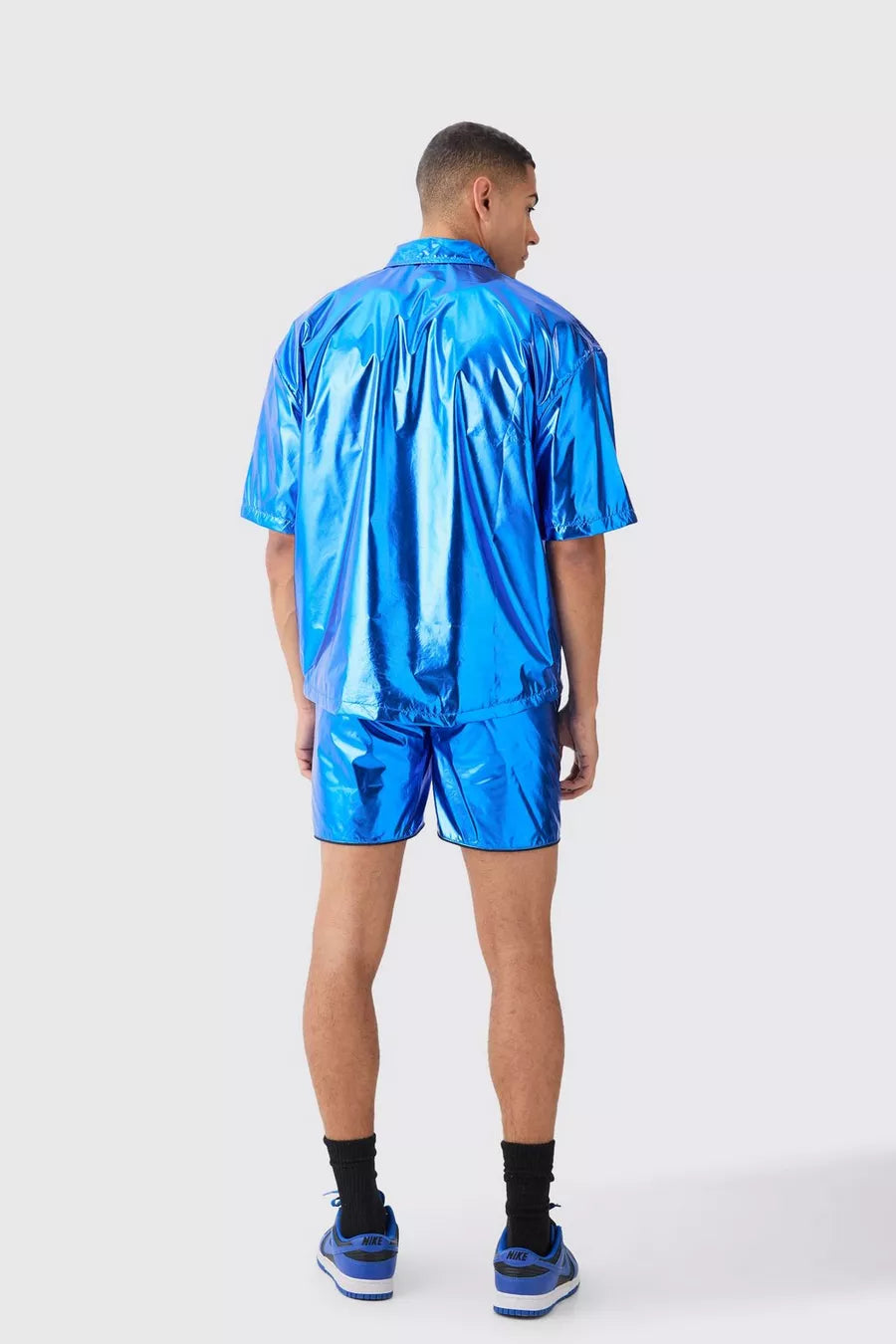 Boohoo oversized boxy shirt and short metallic set blue