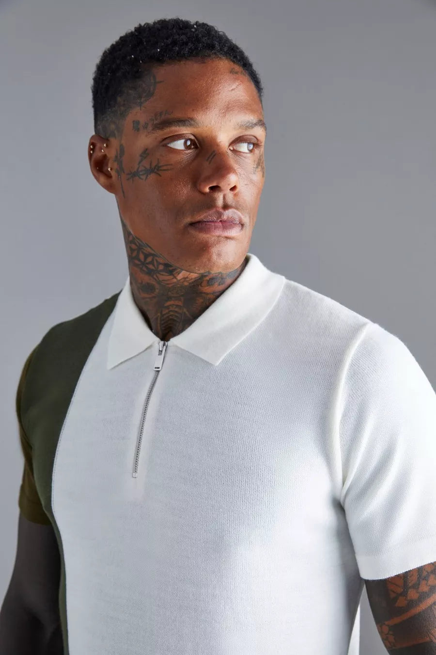Boohoo short sleeve half zip color block knit polo in khaki