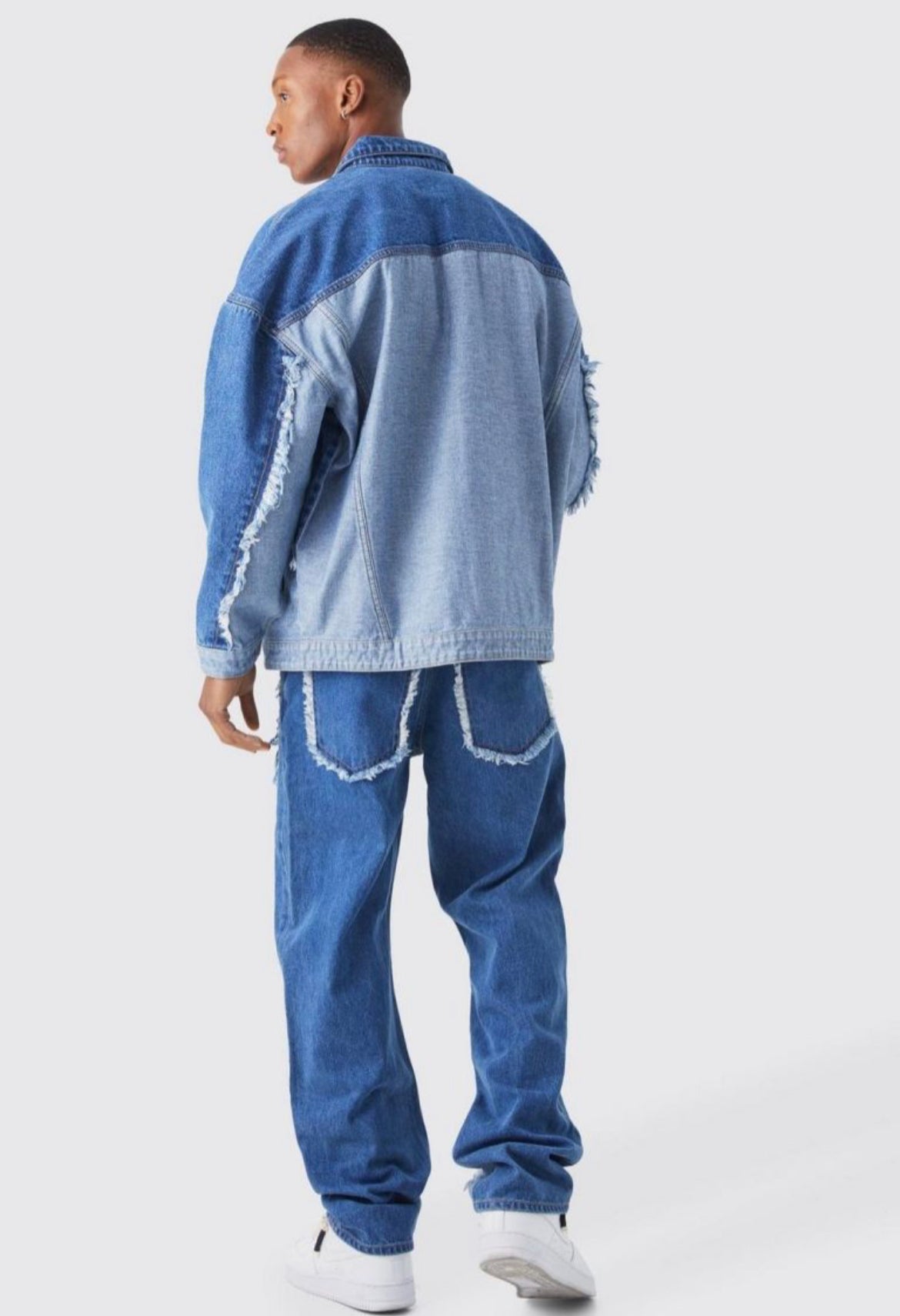 Boohoo oversized spliced frayed edge denim jacket mid blue