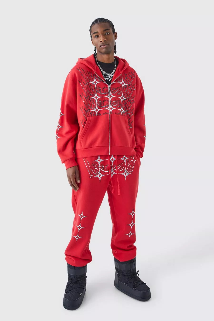 Boohoo tall oversized boxy grunge zip through ear hooded ear hooded tracksuit red