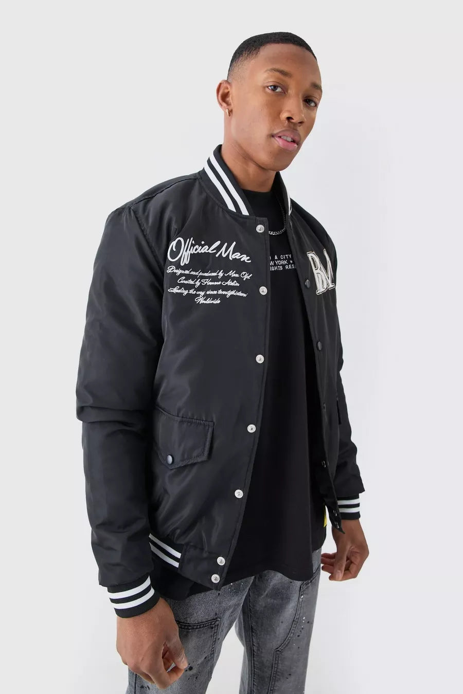 Boohoo nylon varsity jacket with badges black