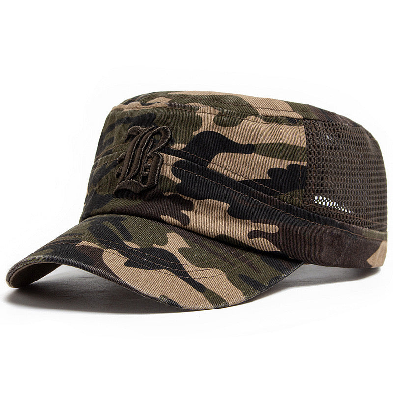 Flat top embroidered camo half mesh hat