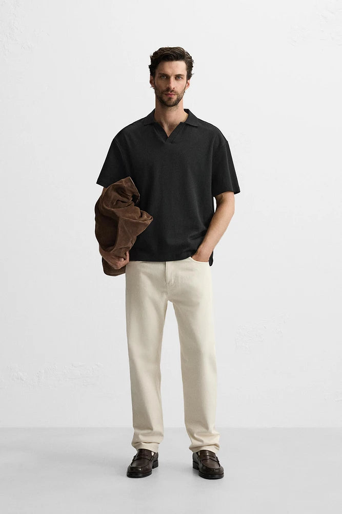 ZARA OPEN NECK GEOMETRIC JACQUARD POLO SHIRT