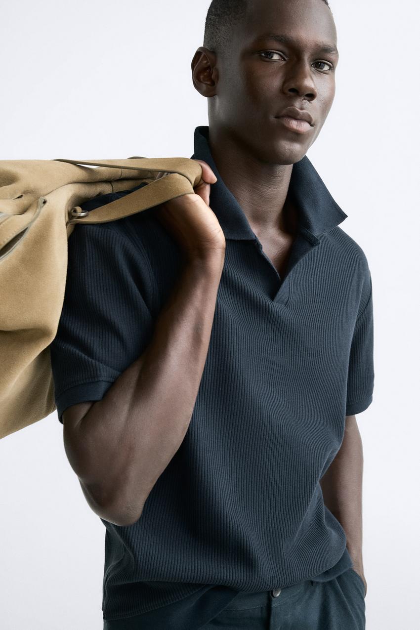 Zara Open neck textured ribbed polo shirt