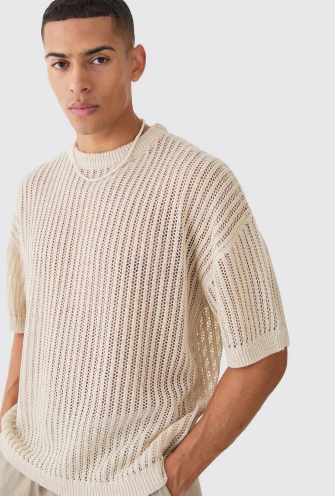 Boohoo oversized drop shoulder open stitch t-shirt stone