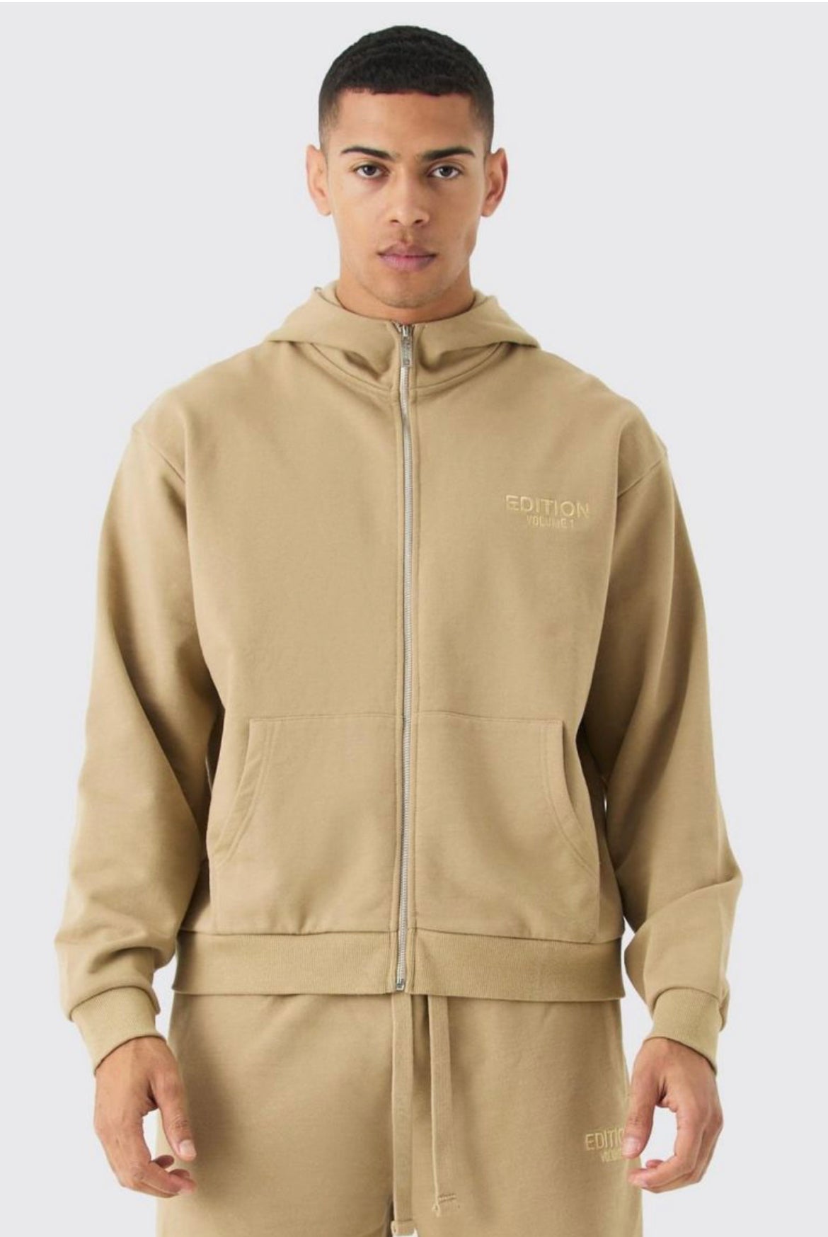 Boohoo edition oversized boxy heavyweight zip through in taupe