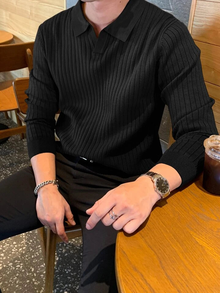 Ribbed longsleeve knit polo