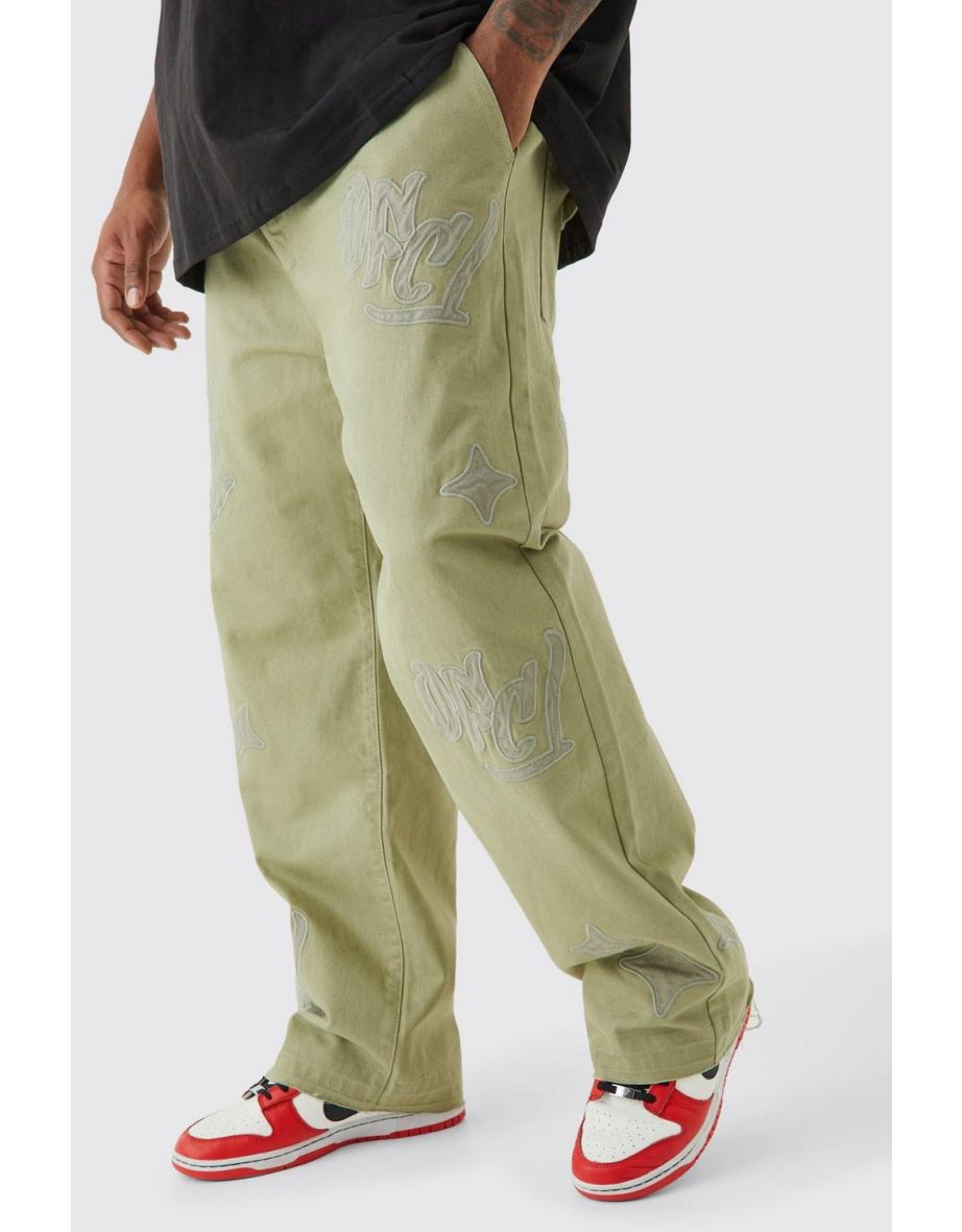 Boohoo plus fixed waist relaxed gusset applique olive trouser pant