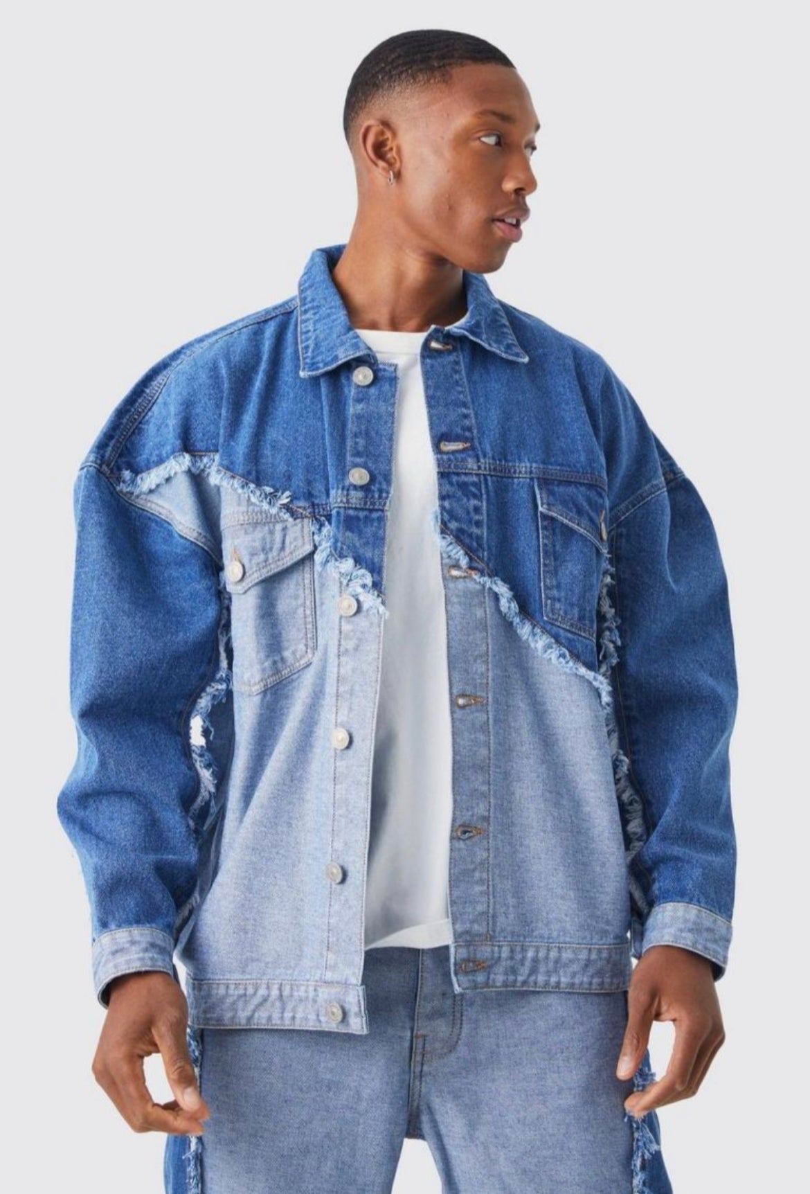 Boohoo oversized spliced frayed edge denim jacket mid blue