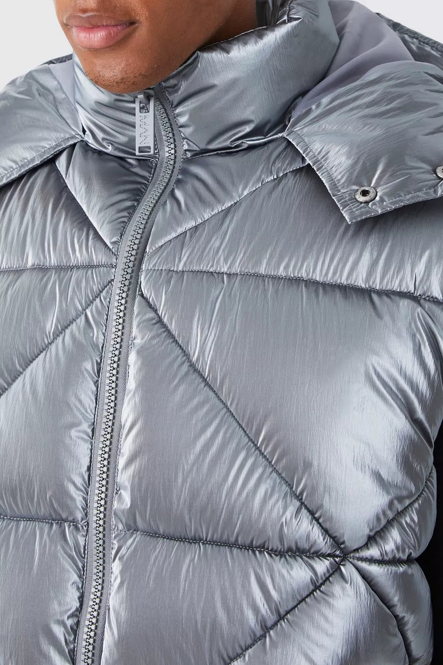 Boohoo metallic quilted gilet with hood pale blue