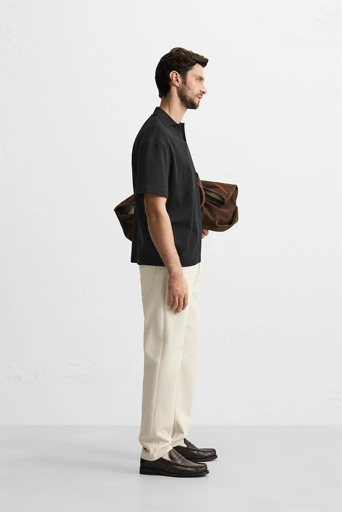 ZARA OPEN NECK GEOMETRIC JACQUARD POLO SHIRT