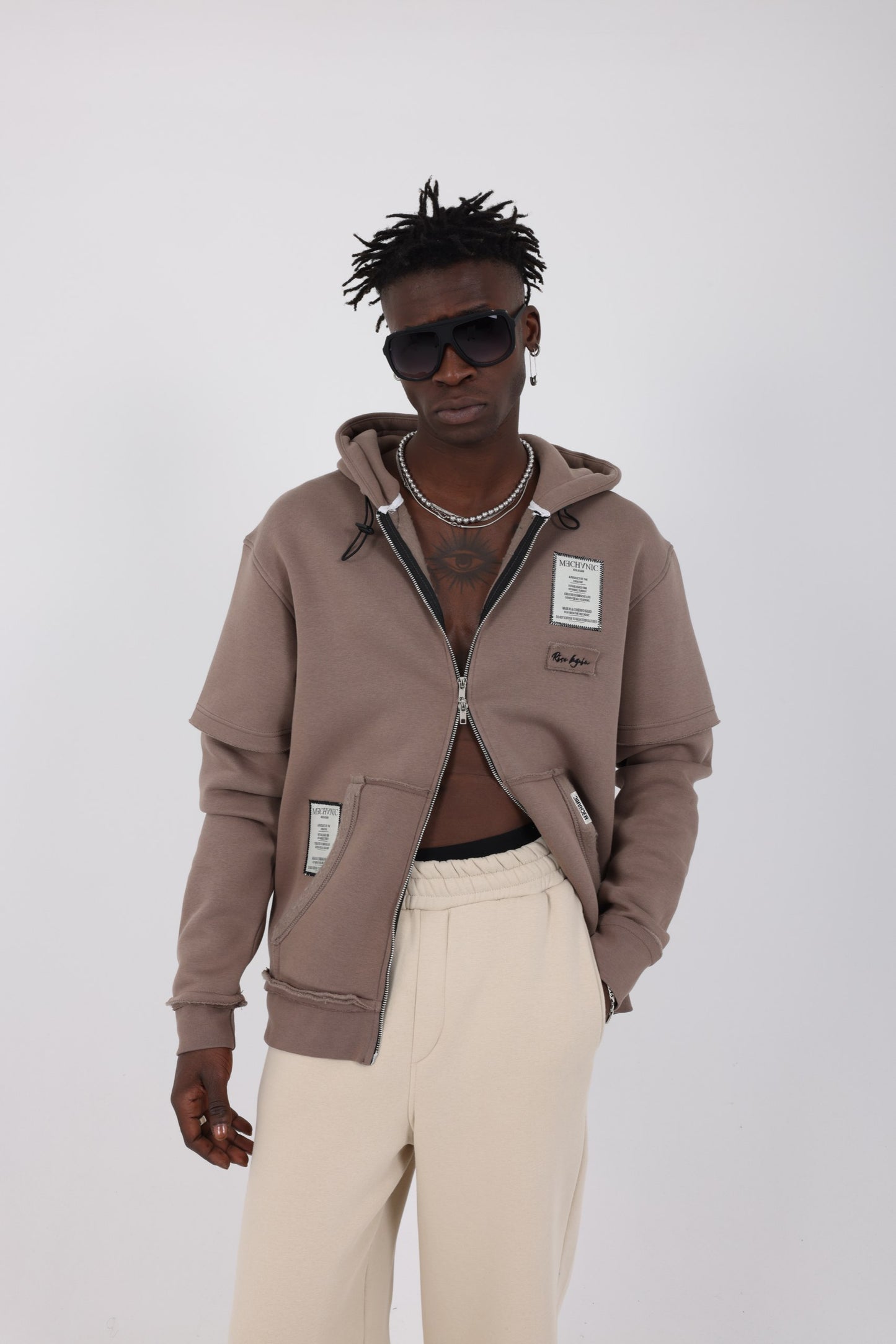 Mechanic double sleeve rise again collection hoodie in brown