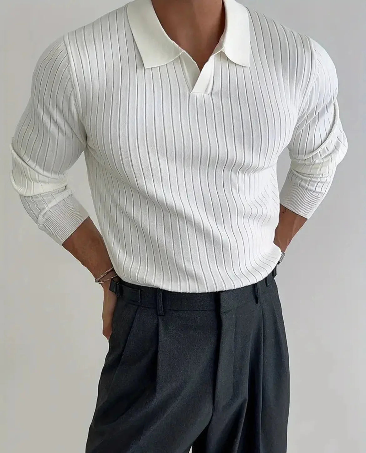 Ribbed longsleeve knit polo