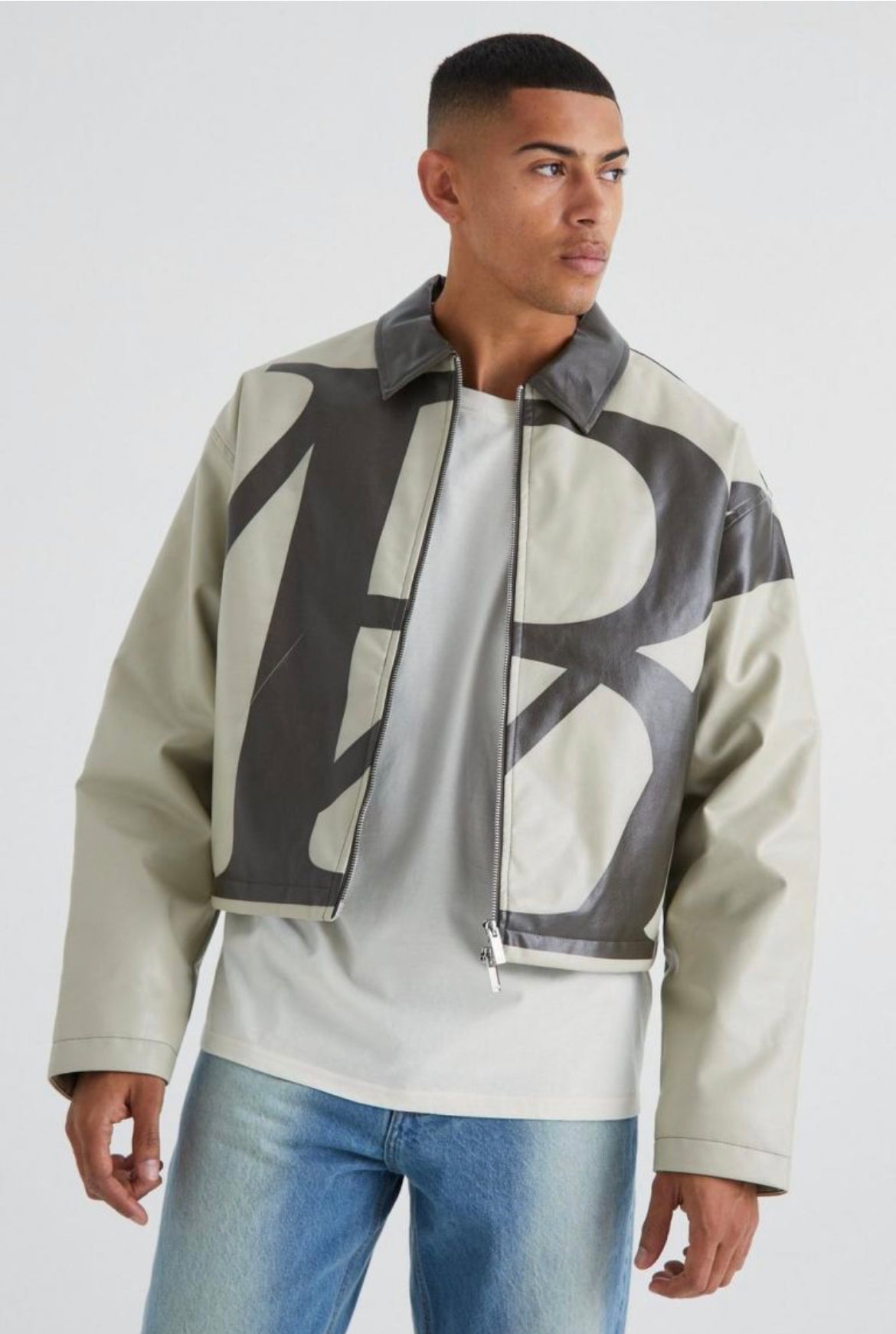 Boohoo boxy BM printed PU harrington mocha jacket