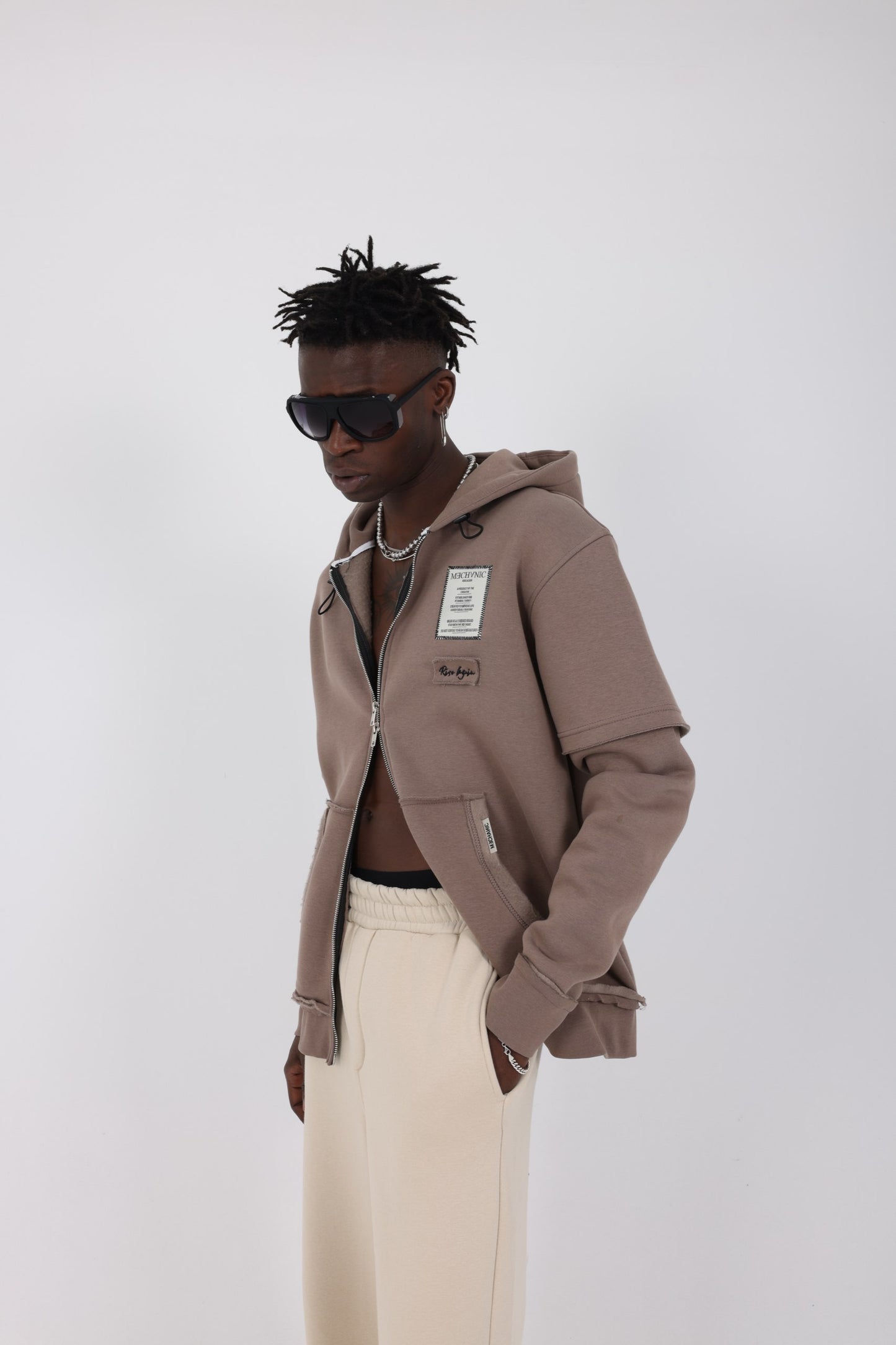 Mechanic double sleeve rise again collection hoodie in brown