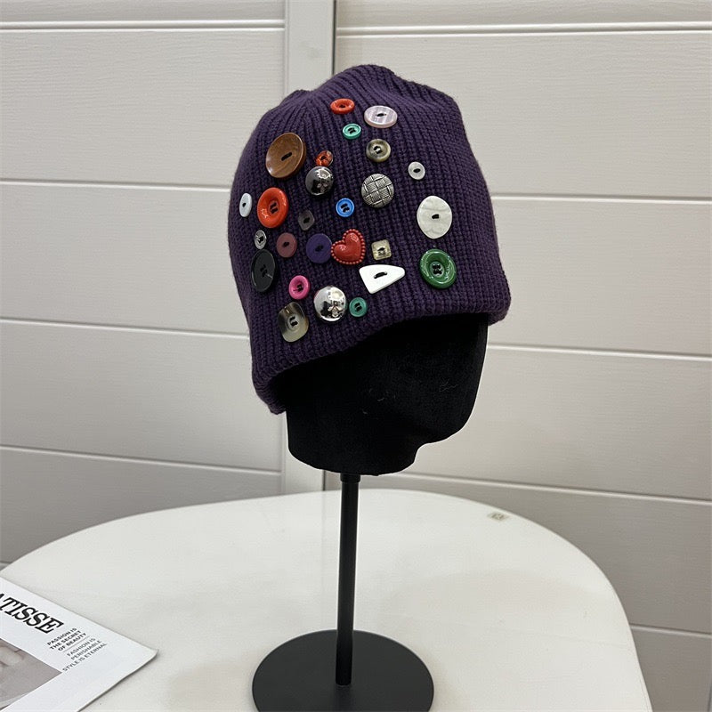 Y2k knit button beanie