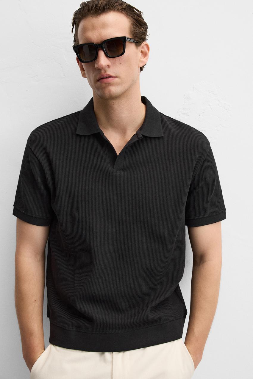 Zara Open neck textured ribbed polo shirt
