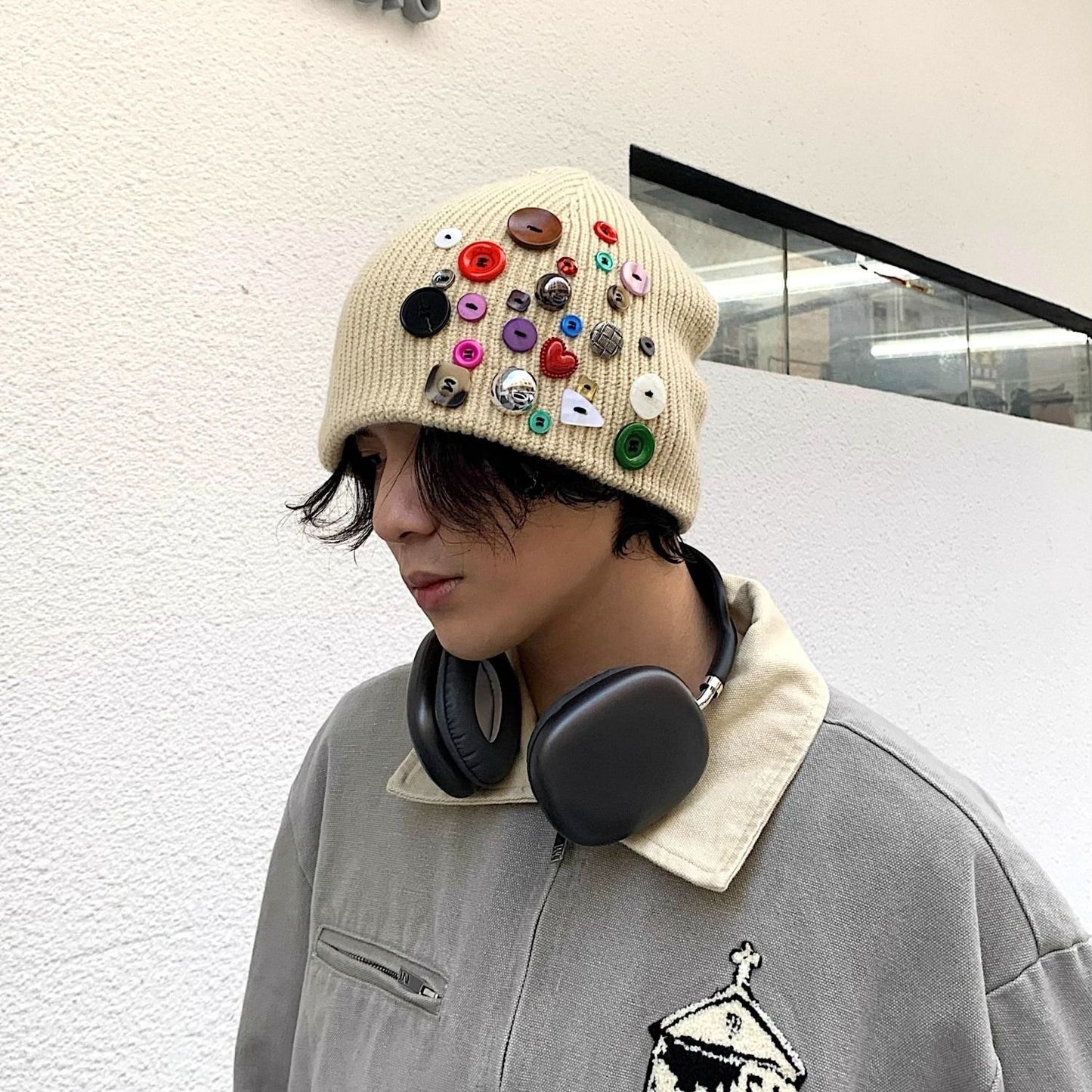 Y2k knit button beanie