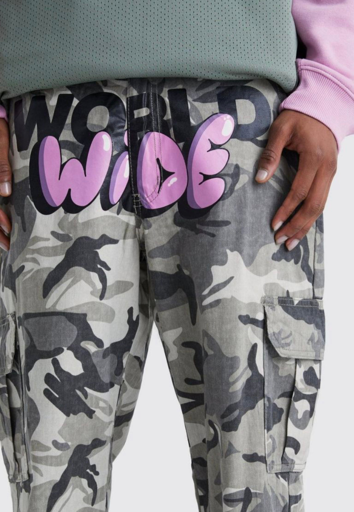 Boohoo relaxed crotch print tie hem camo cargo trouser pant
