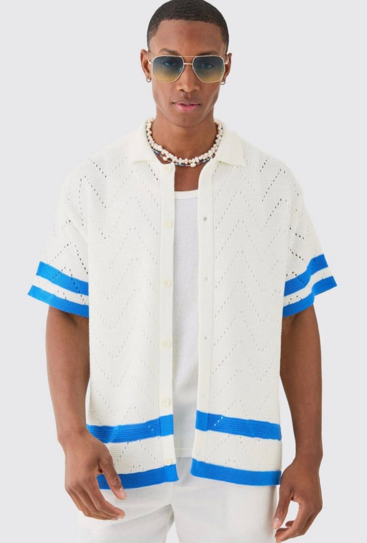 Boohoo oversized boxy open knit stripe shirt in blue