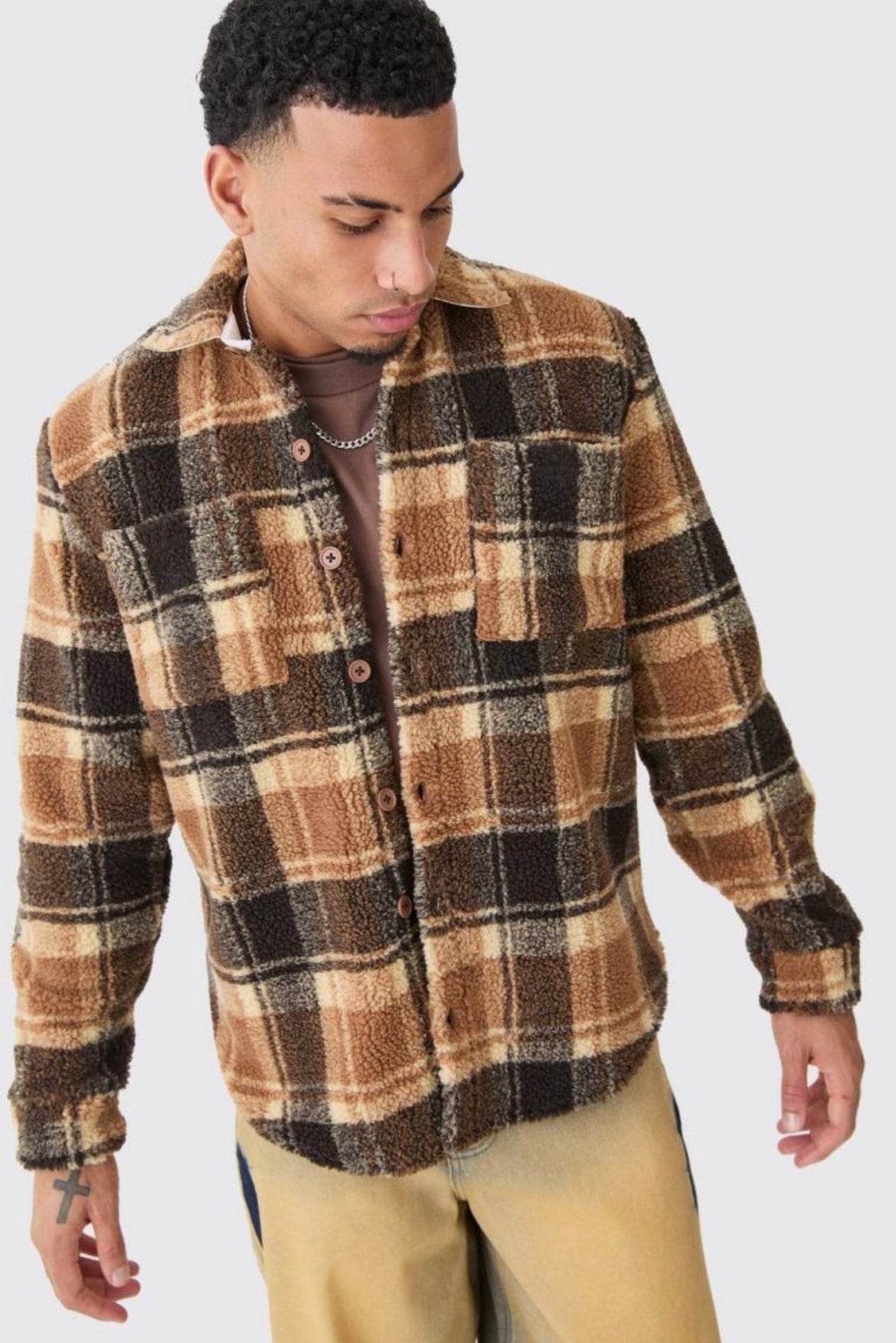 Boohoo borg check overshirt brown