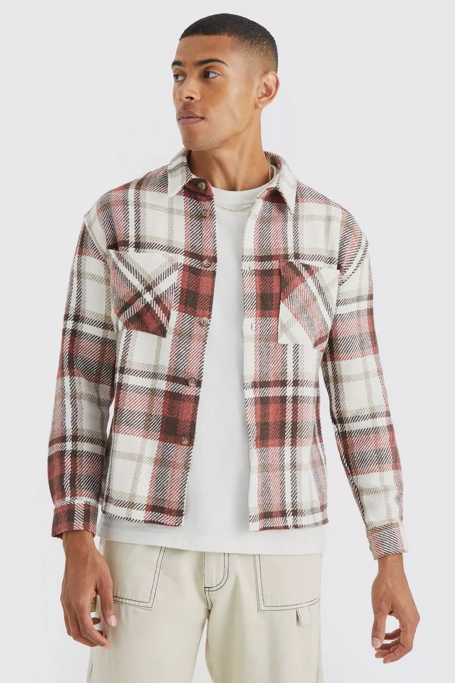 Boohoo heavyweight check boxy over-shirt ecru