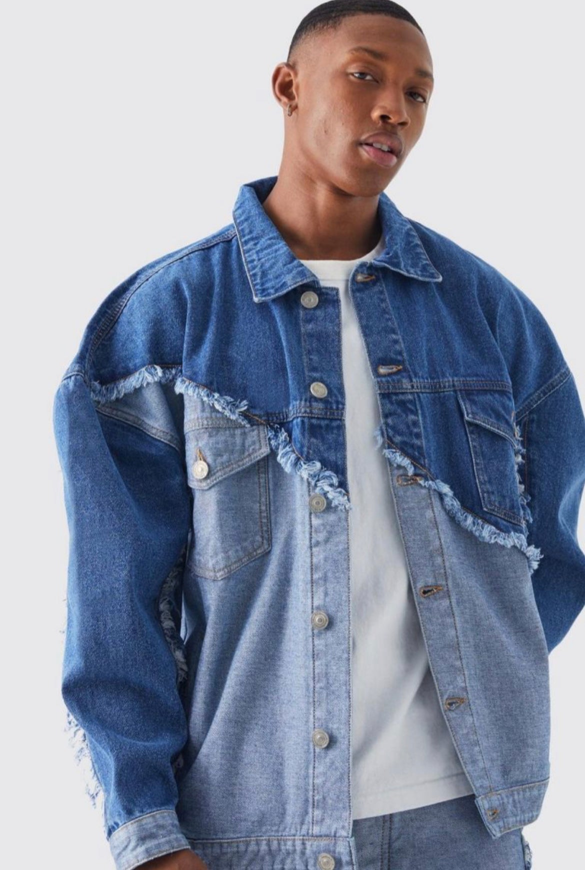 Boohoo oversized spliced frayed edge denim jacket mid blue