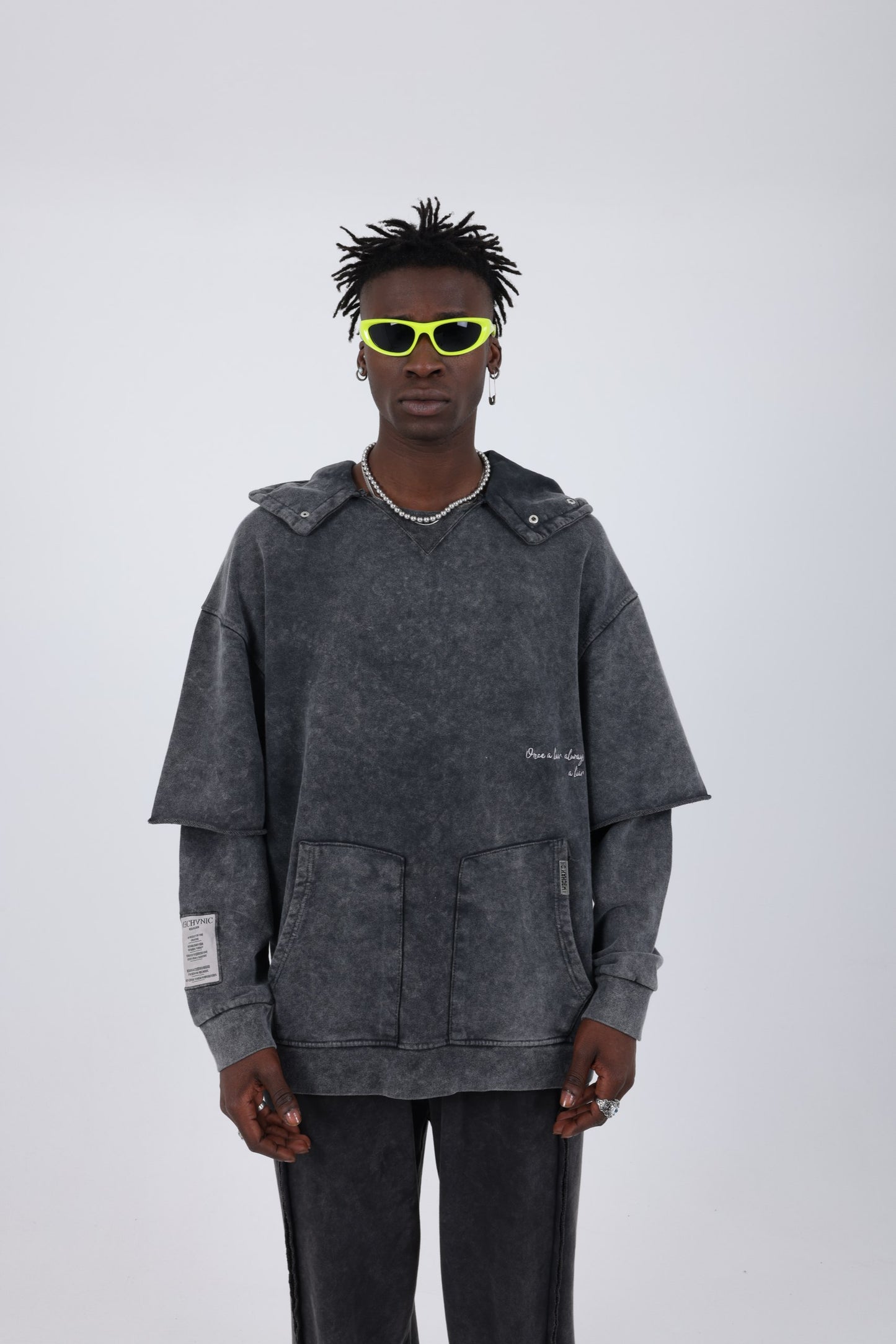 Mechanic acid washed tech double sleeve hoodie