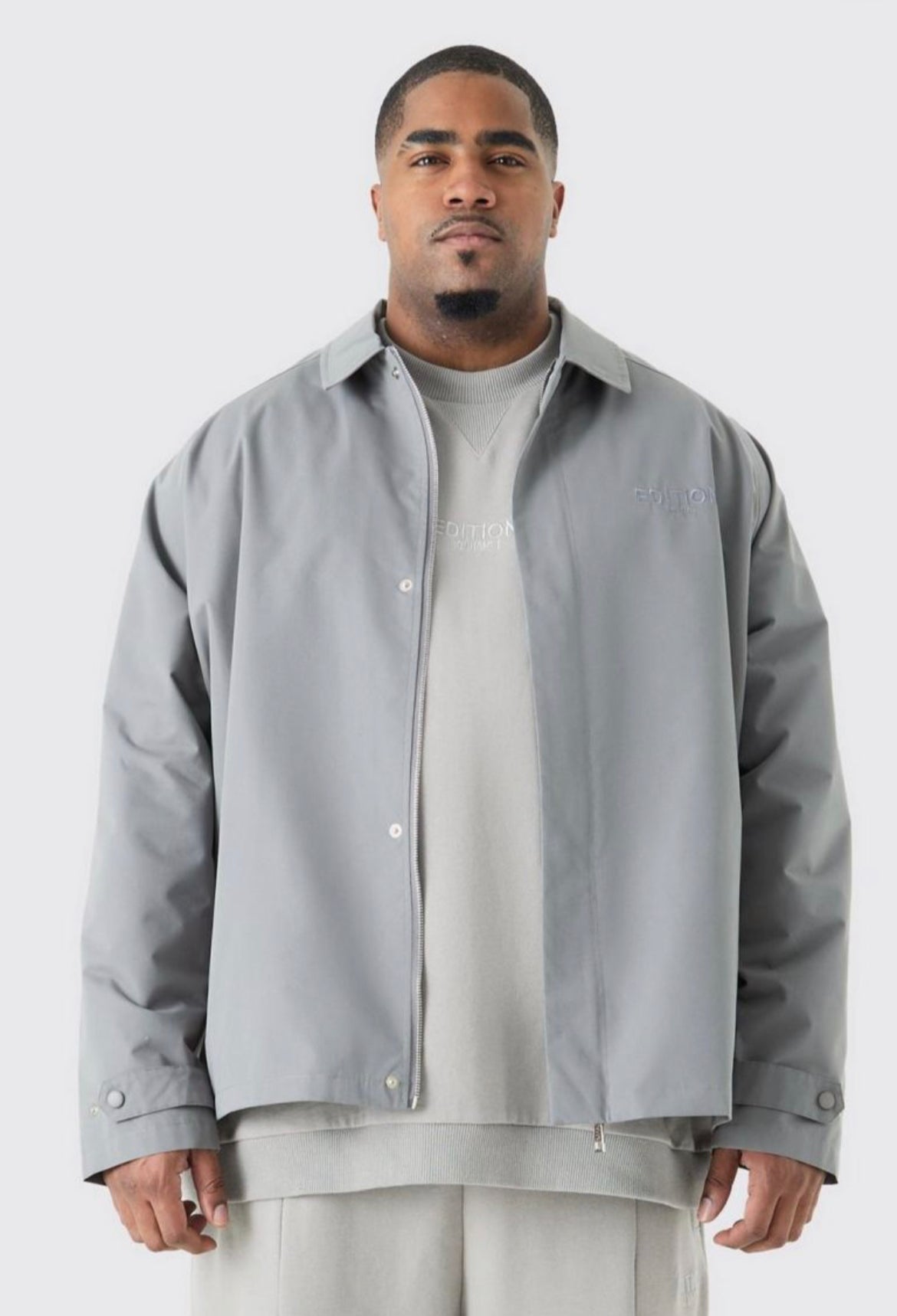 Boohoo plus heavyweight twill embroidered coach jacket in grey