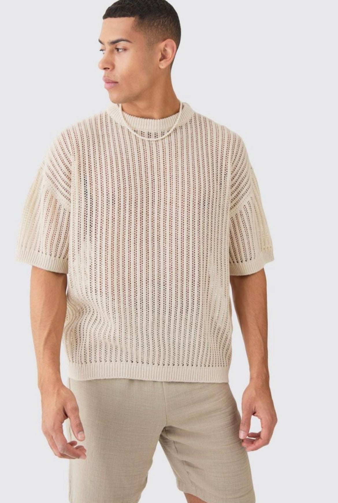 Boohoo oversized drop shoulder open stitch t-shirt stone