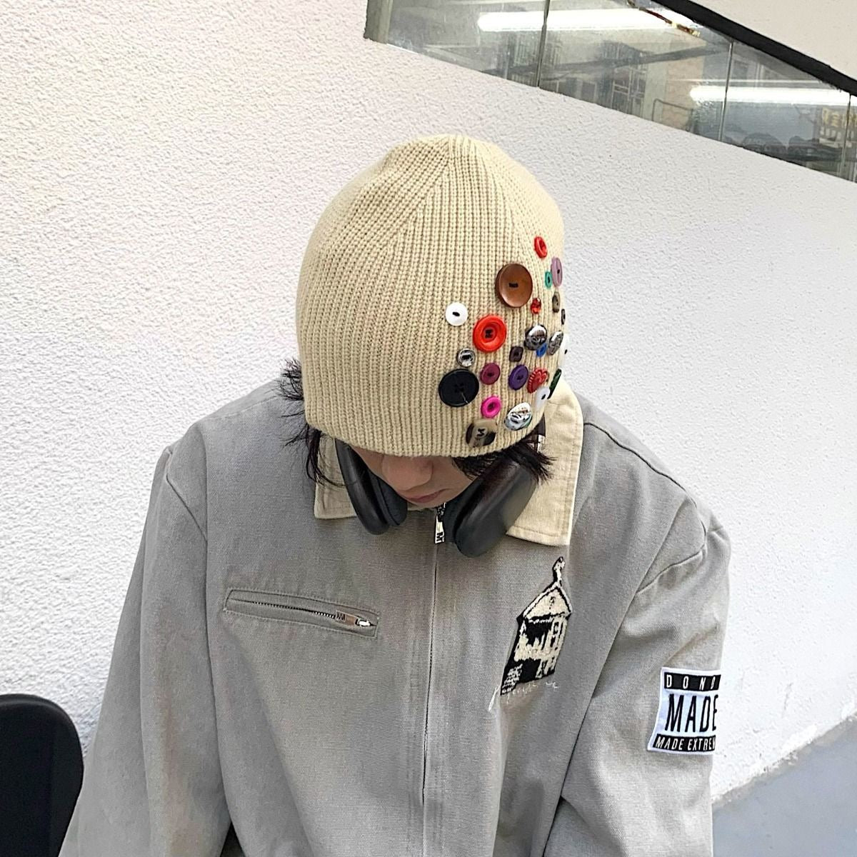 Y2k knit button beanie
