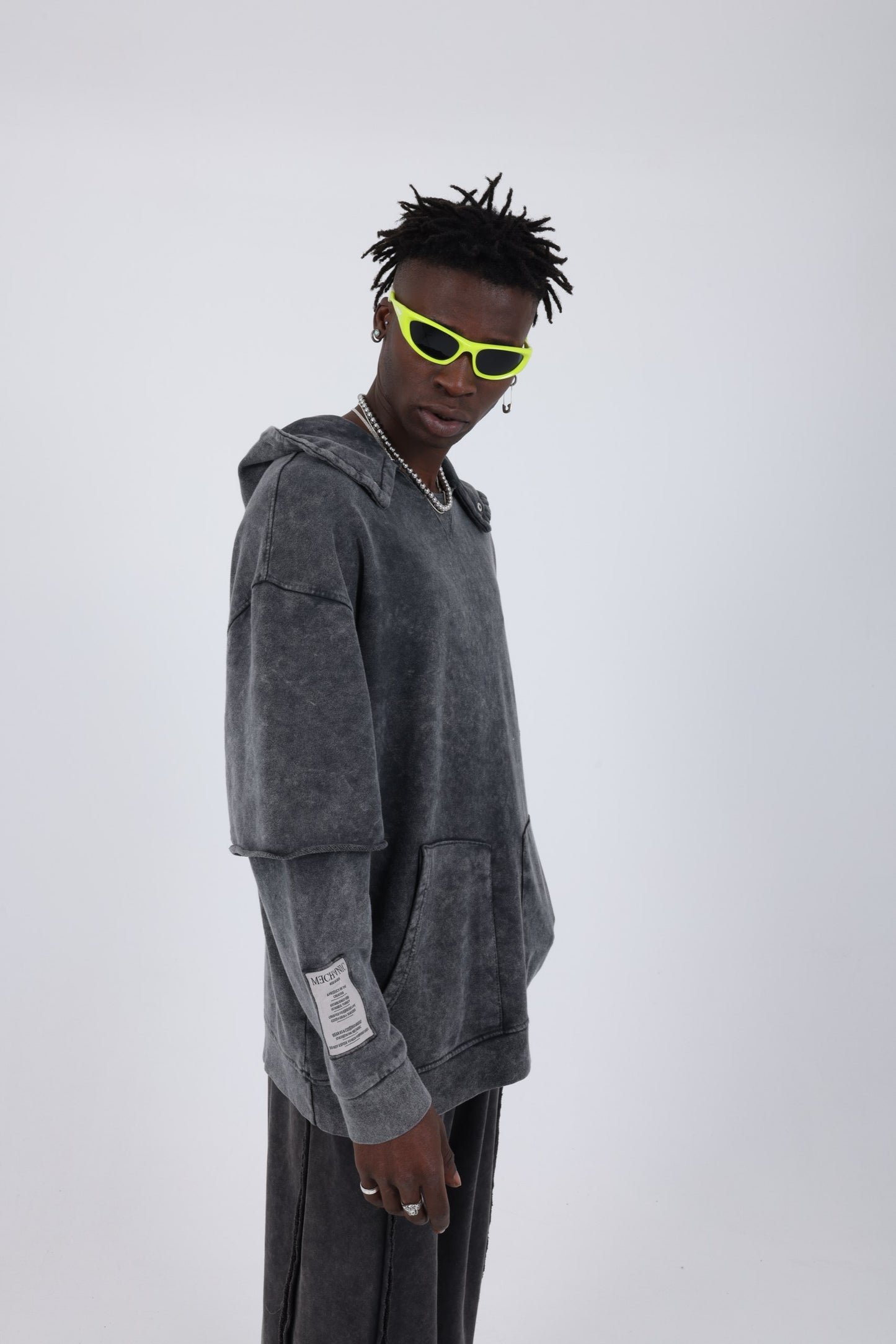 Mechanic acid washed tech double sleeve hoodie
