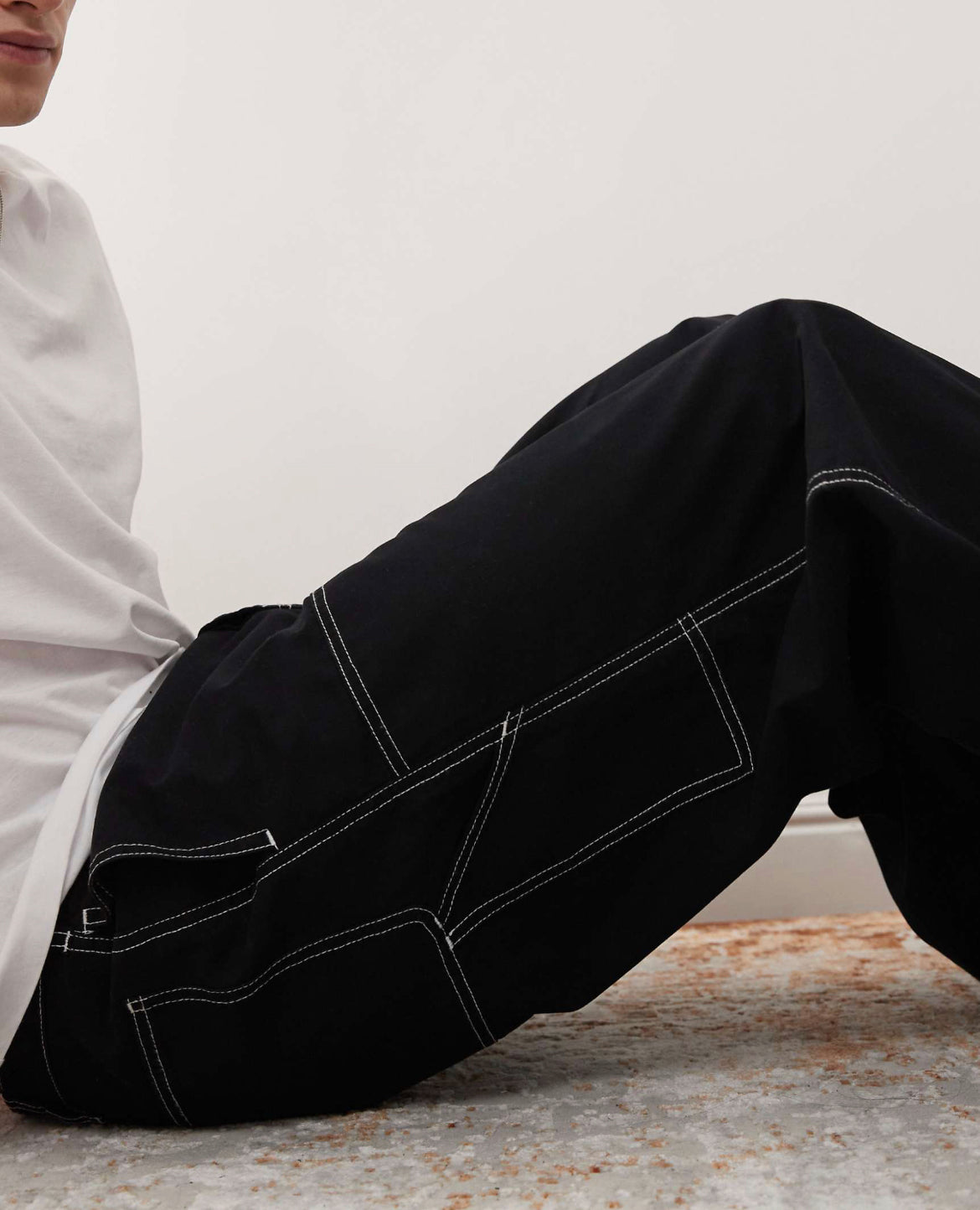 ASOS DESIGN super baggy chino trouser with carpenter detail in black with contrast stitch
