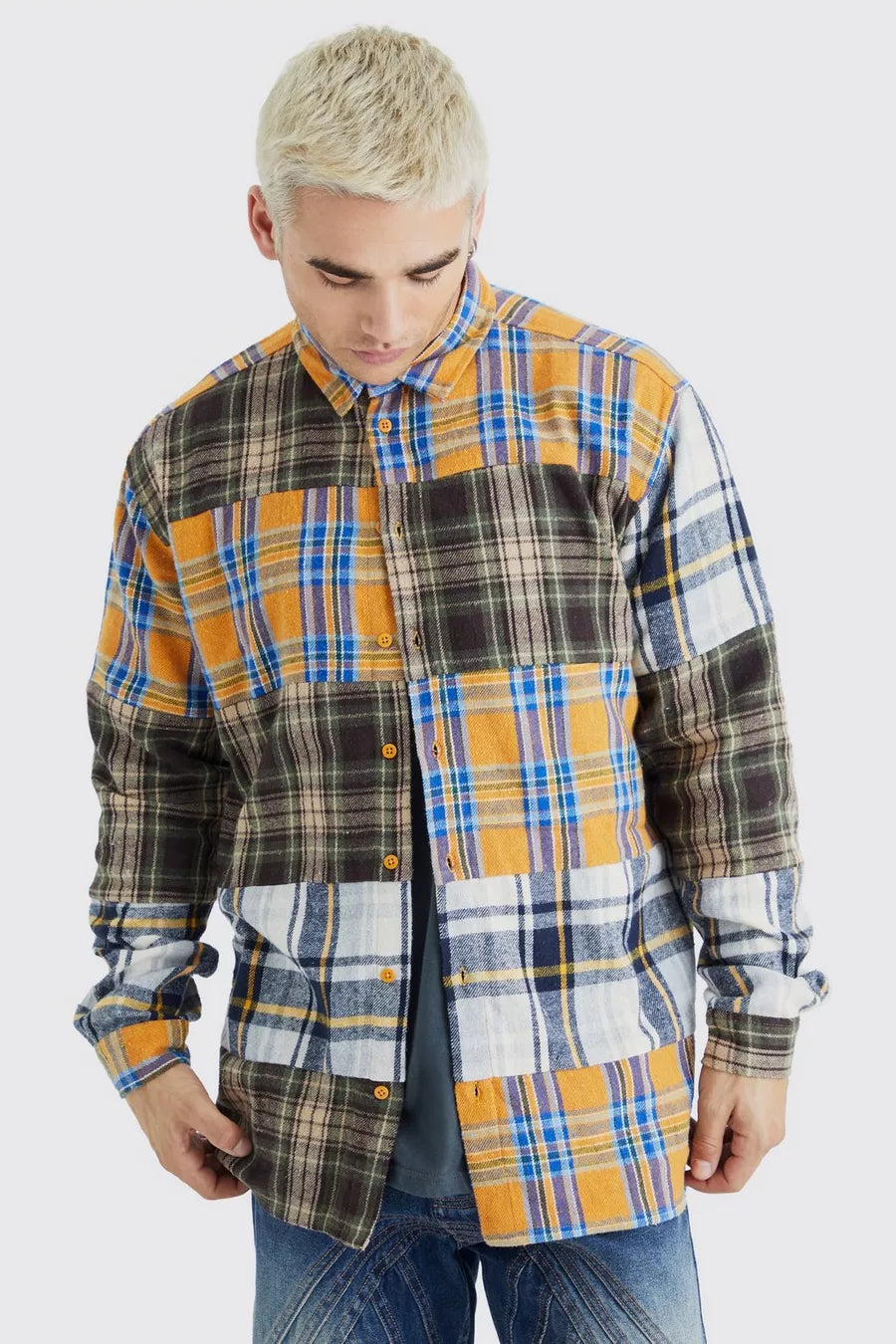 Boohoo oversized distressed patch checked shirt multi