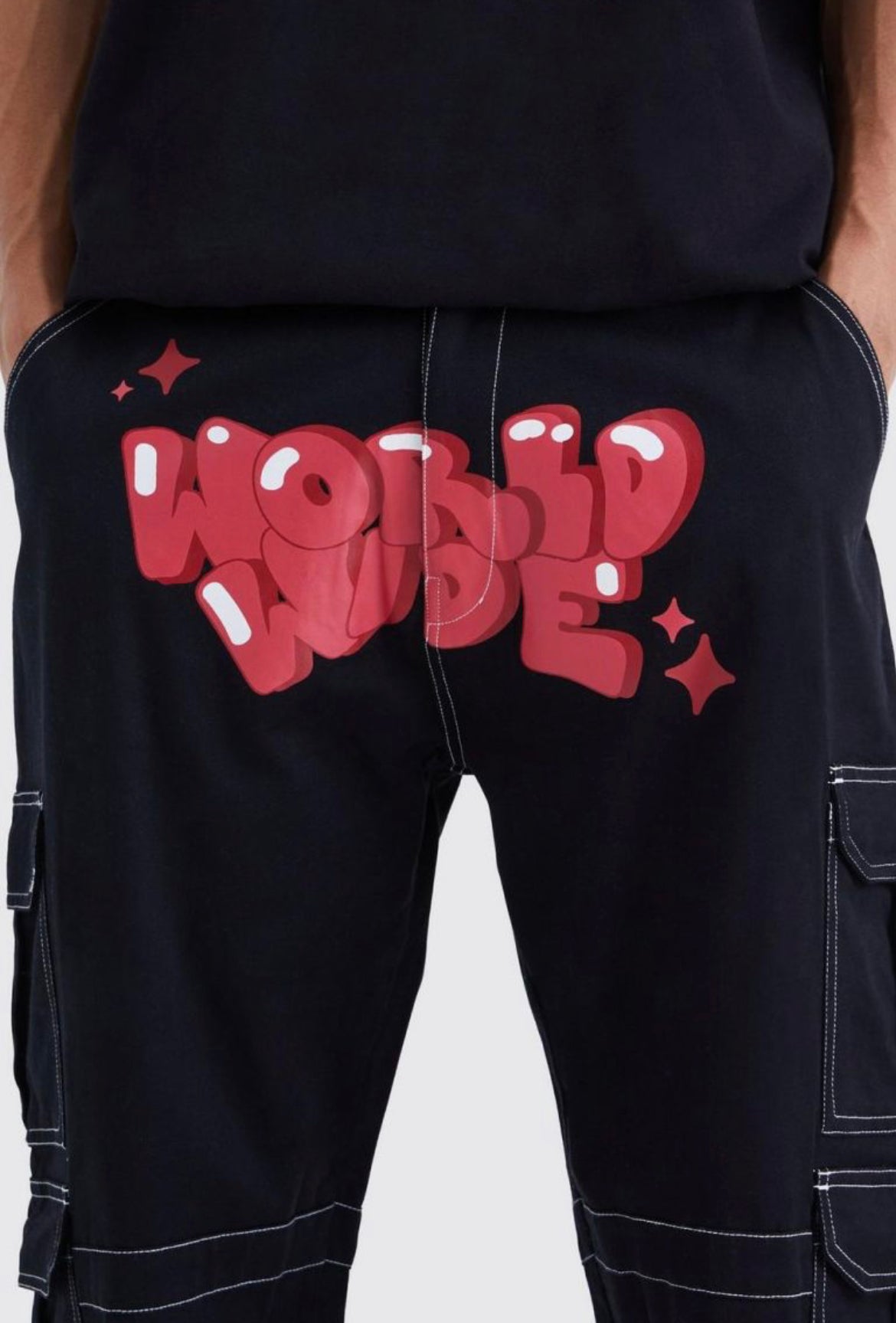 Boohoo tall relaxed cargo graffiti trouser pant black