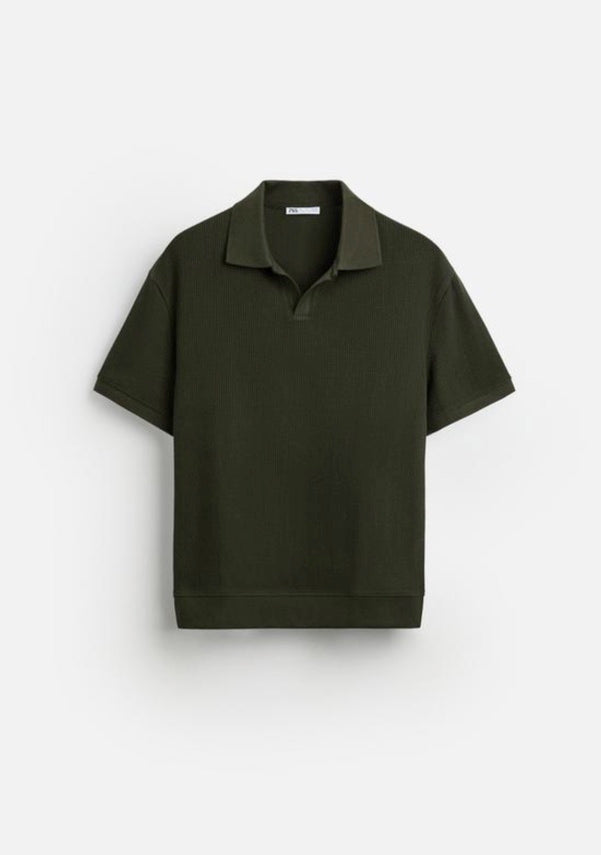 Zara Open neck textured ribbed polo shirt