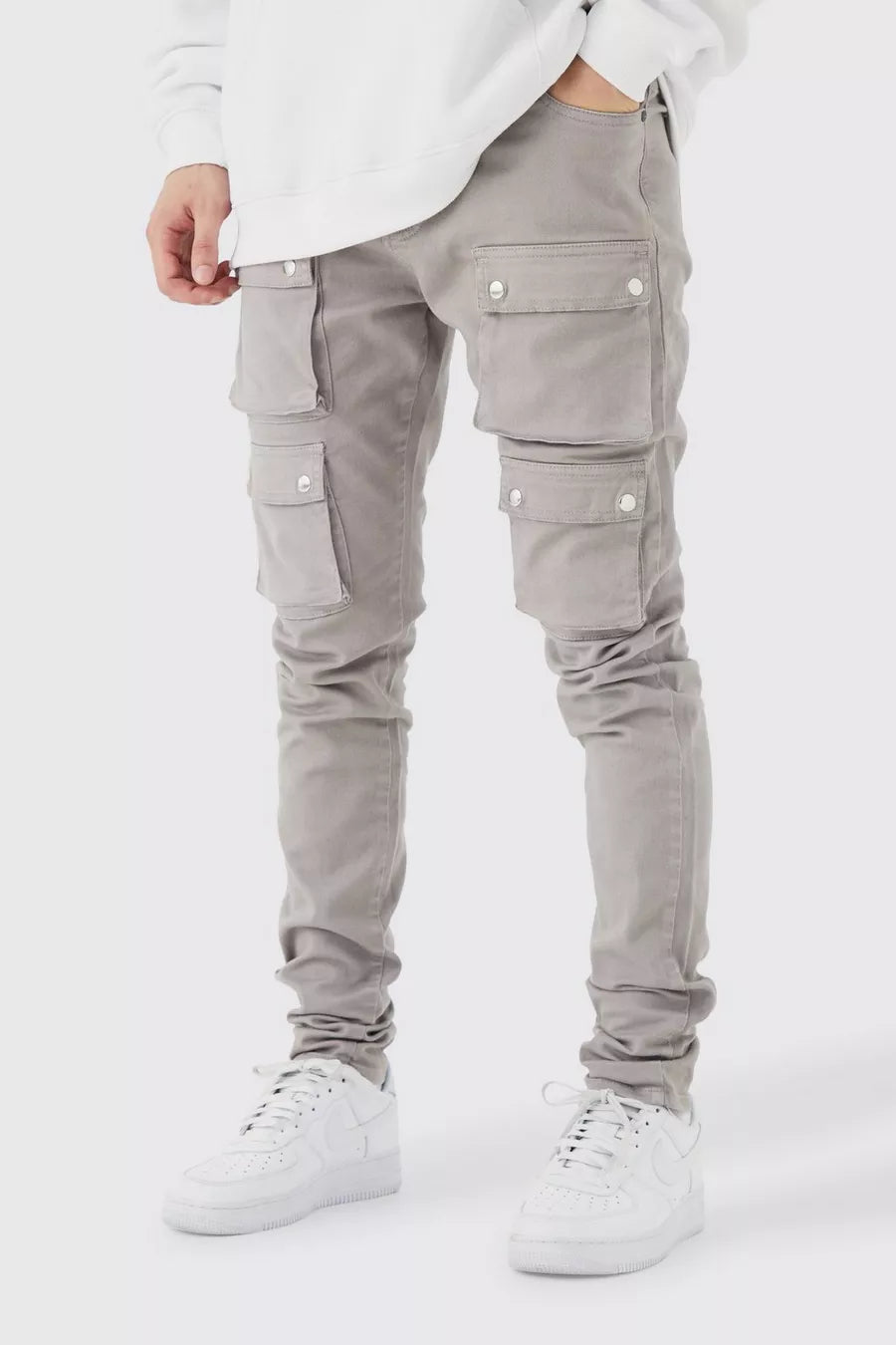 Boohoo FIXED WAIST SKINNY MULTI CARGO POCKET TROUSER